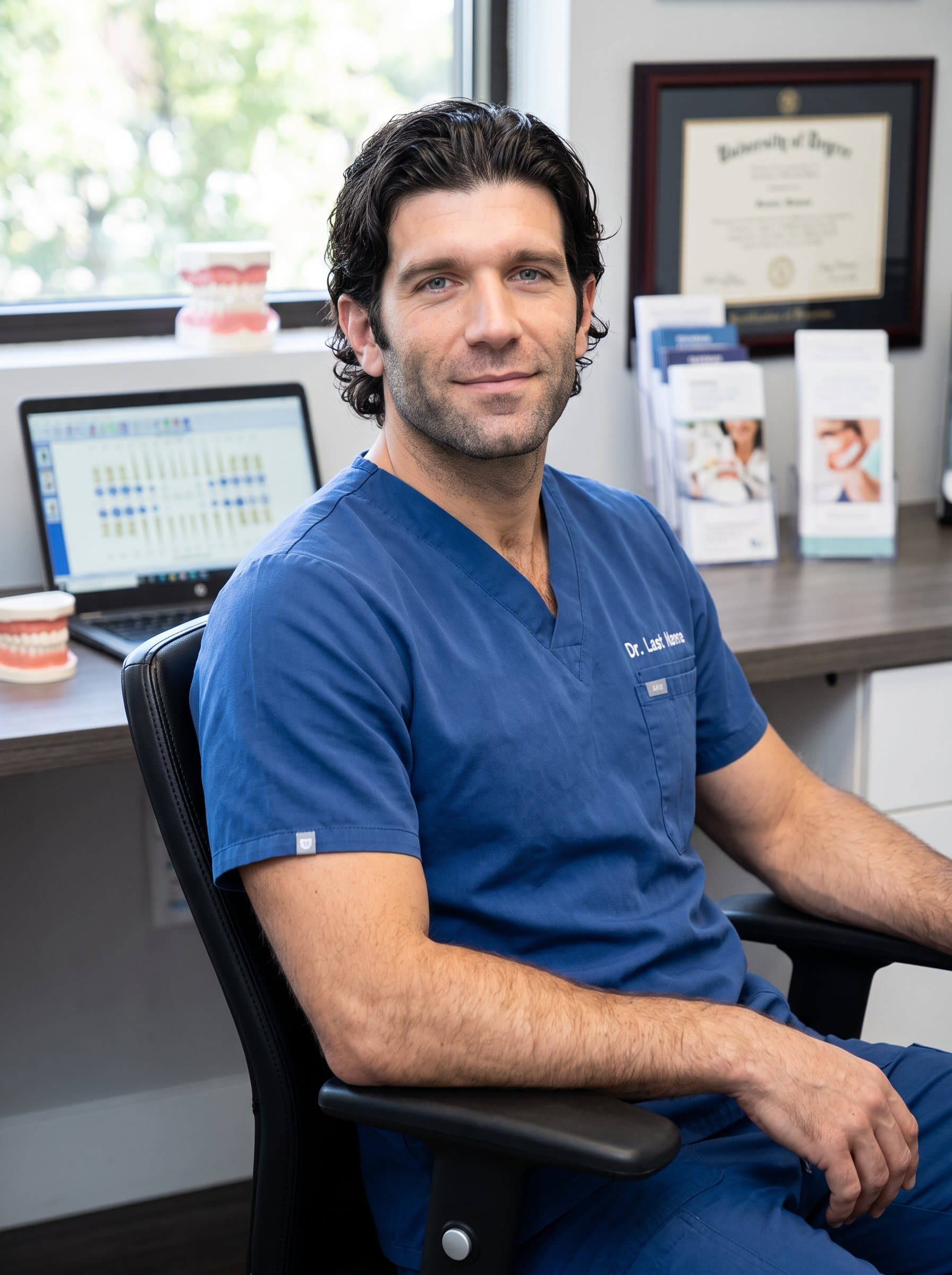 : A headshot of a dentist sitting on a swivel chair, arms on the armrest, with a gentle smile, in front of an organized desk, portraying confidence and a patient-centric approach.