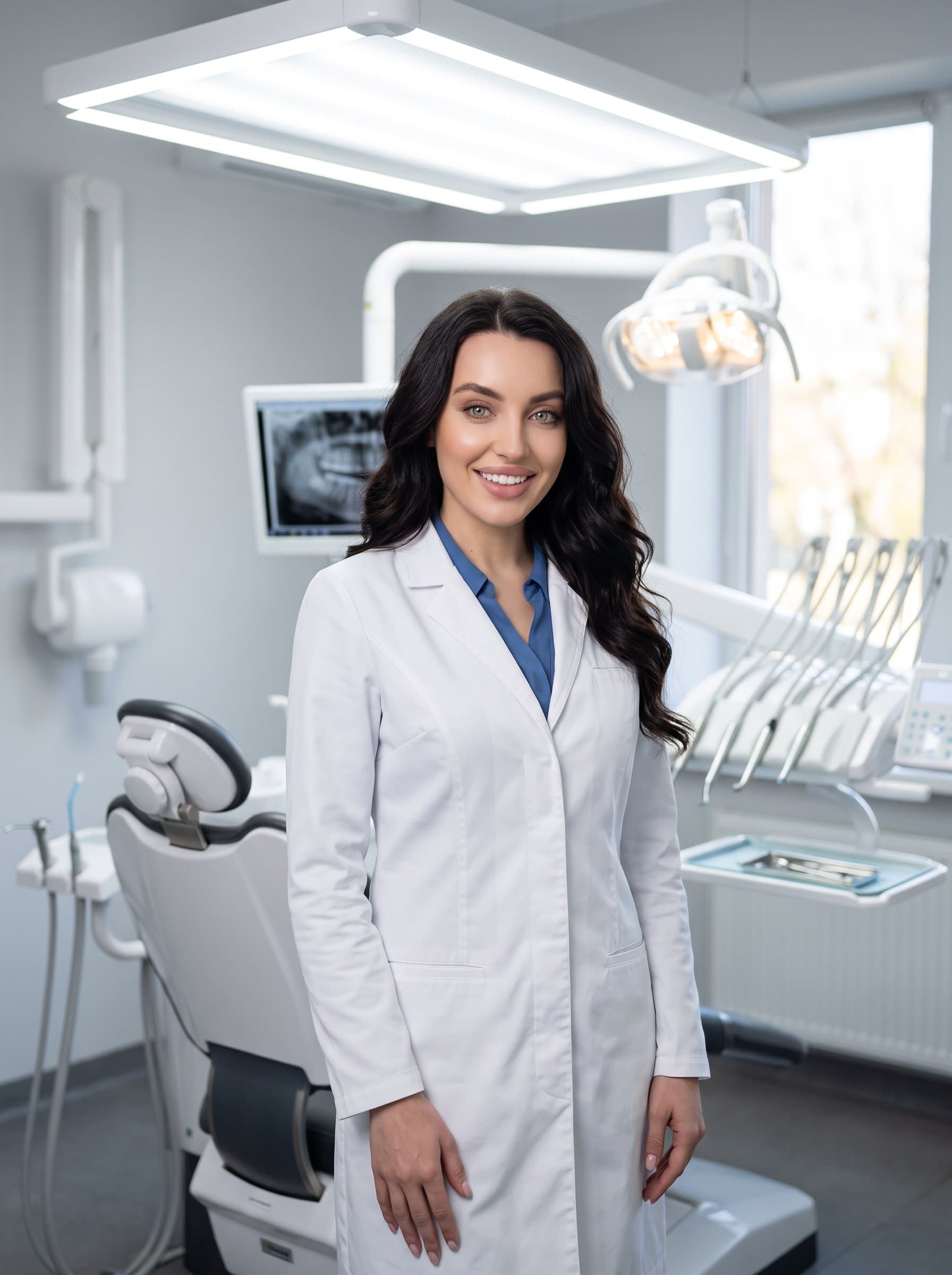 : A dentist in a sleek, white coat, standing confidently in front of a modern dental chair, with bright overhead lights, showcasing professionalism and warmth, as they gently smile toward the camera.