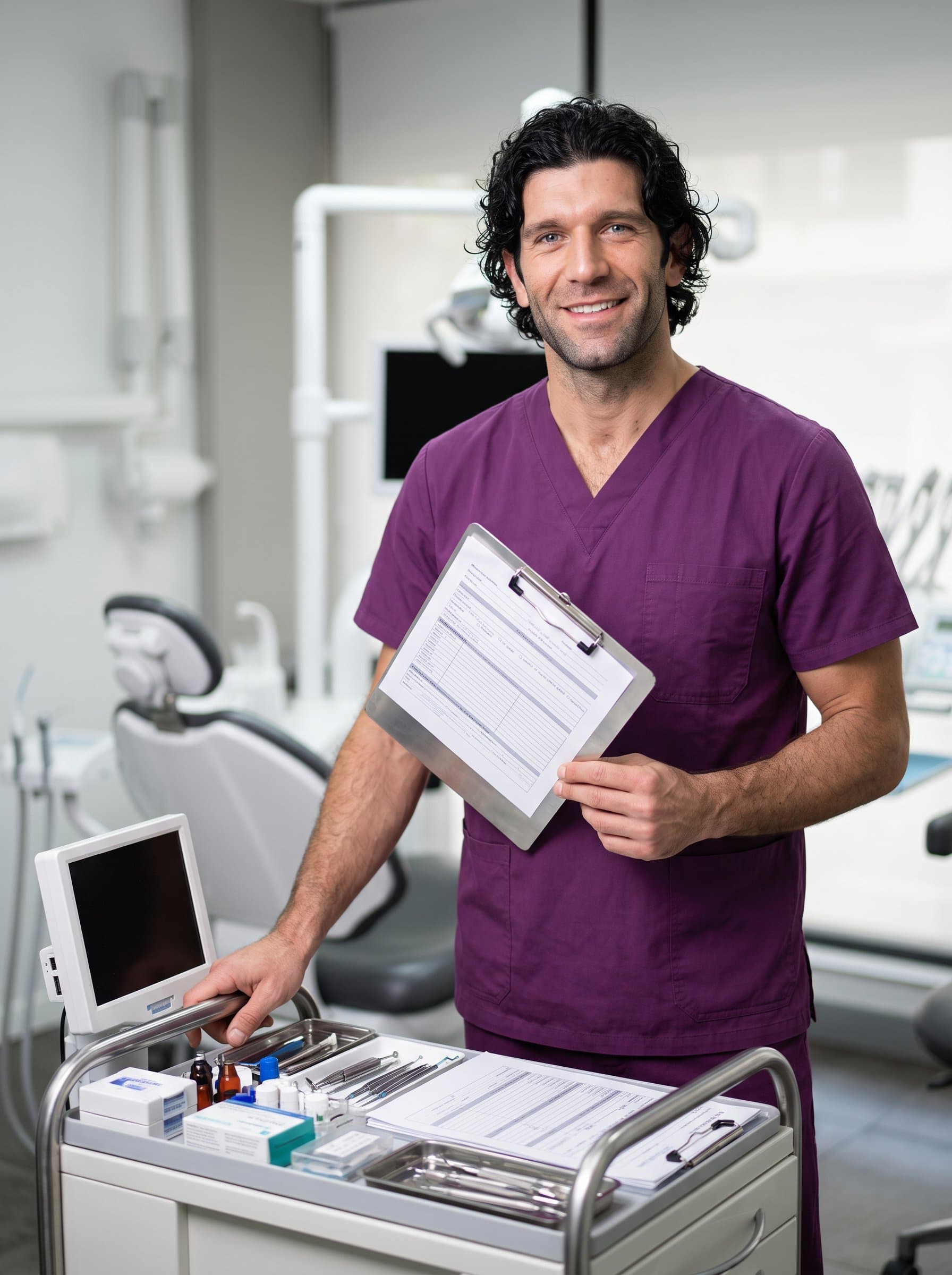 : A mid-shot of a dental assistant in purple scrubs, holding a clipboard, framed by a modern dental cart, smiling confidently, presenting an image of organization and approachability.