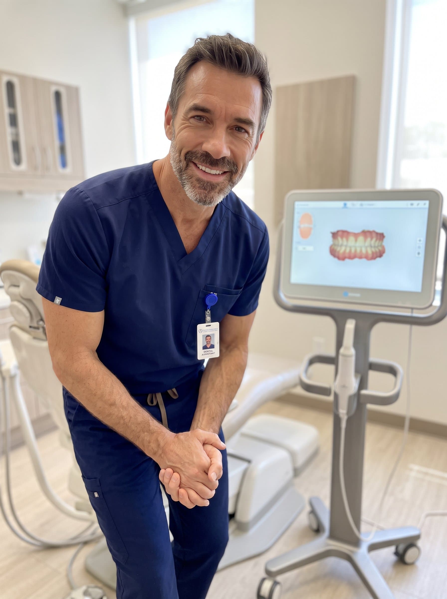 : A dental assistant with a warm smile, leaning forward slightly with hands clasped, near a dental scanner, radiating a sense of approachability and dedication.