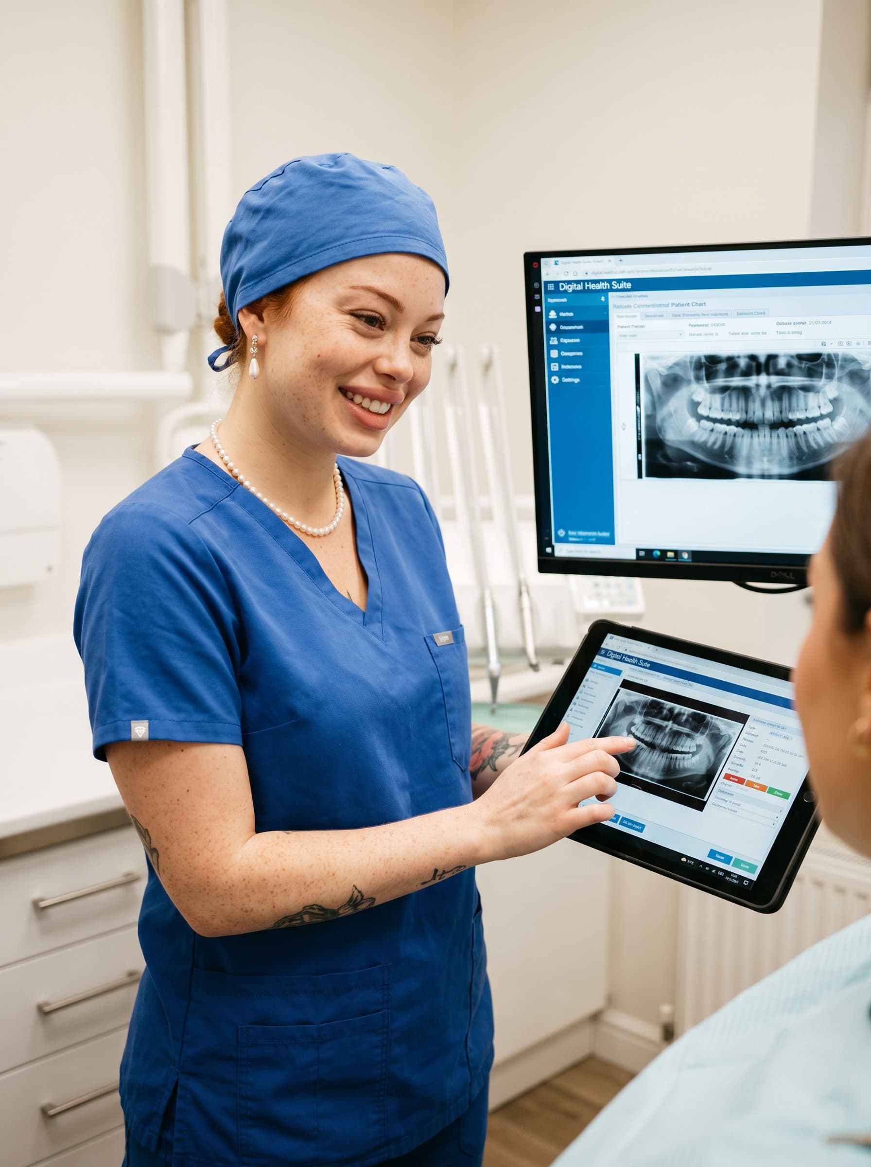 : A dentist in a blue scrub cap, gently smiling, standing in front of a digital patient record on a monitor, highlighting the integration of technology and compassion in patient care.