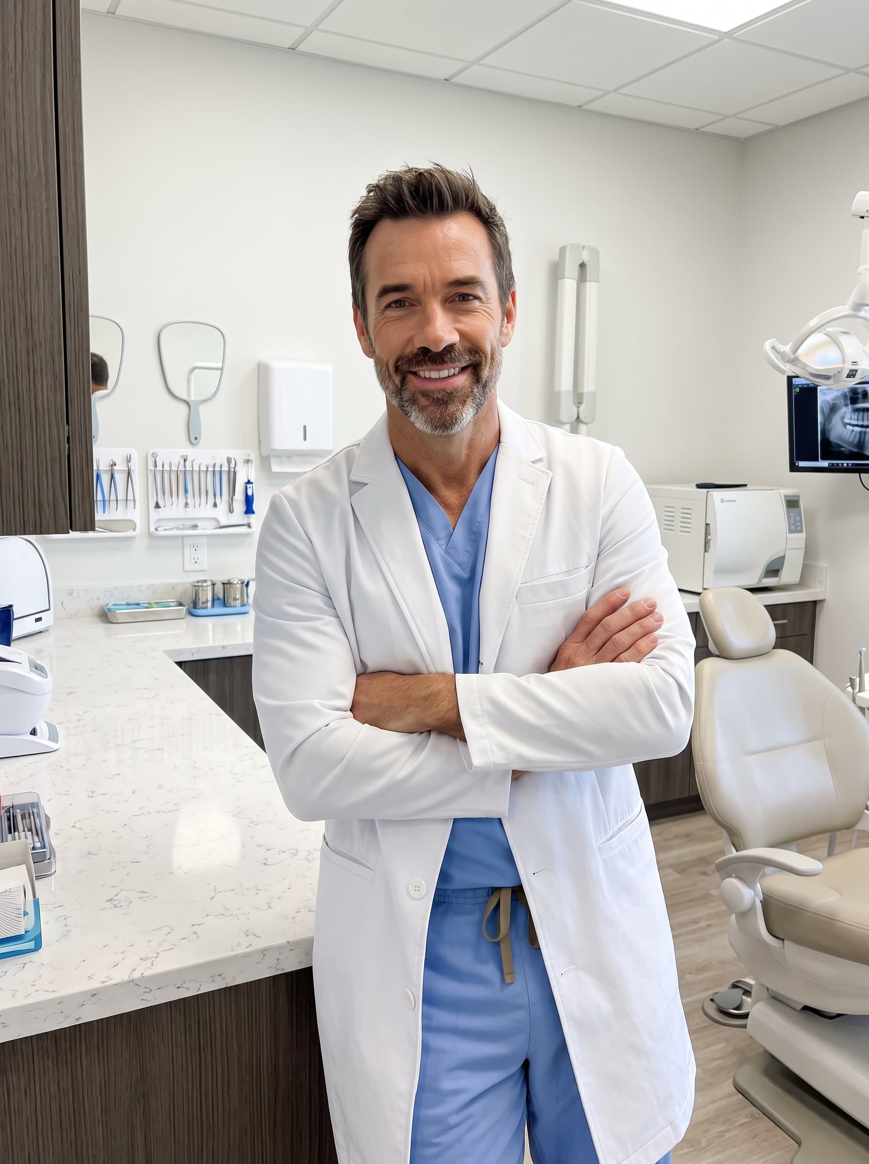: A dentist leaning against a counter, arms crossed, with a friendly smile, while dental tools in the background emphasize readiness and expertise in a well-designed and clean dental office.