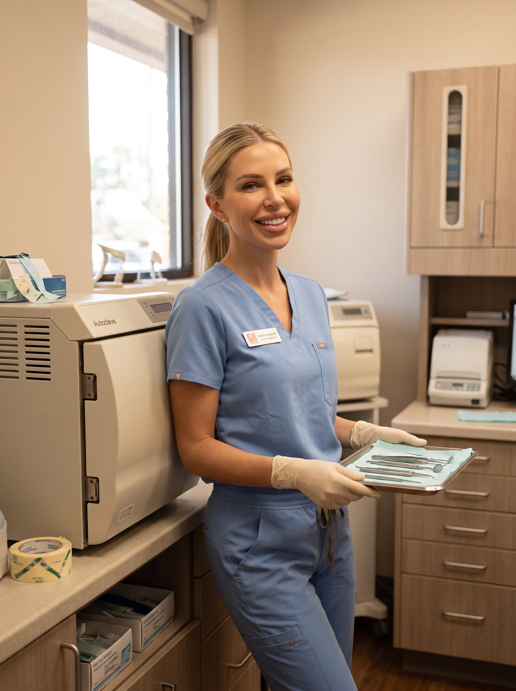 : A dental hygienist with a pulled-back hairstyle, smiling broadly, standing beside a sterilization unit, with an aura of meticulousness and a calm, inviting demeanor.