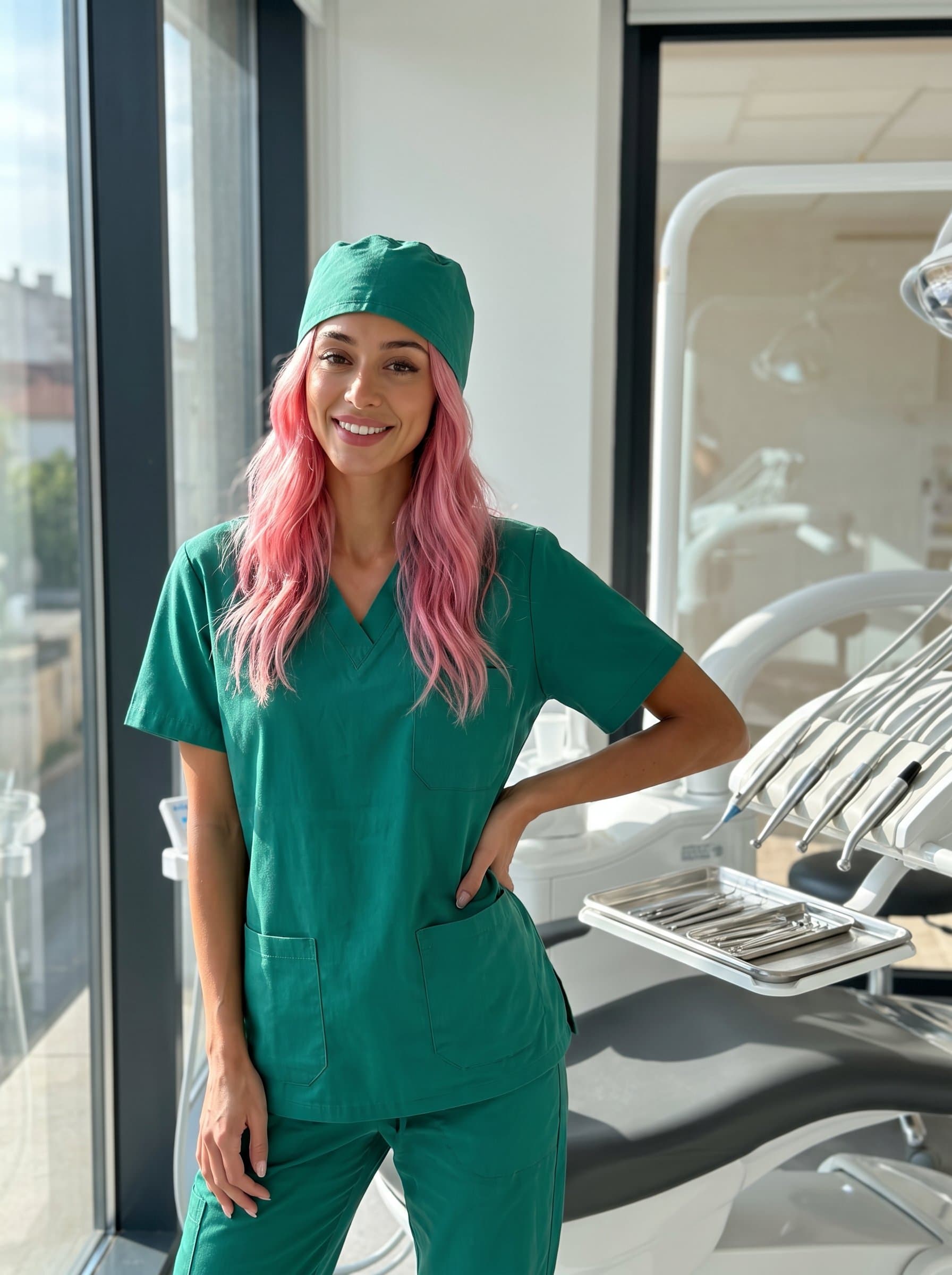 : A dental hygienist in green scrubs, standing by a large window with natural light highlighting their smile, as dental equipment gleams in the background, radiating professionalism and care.