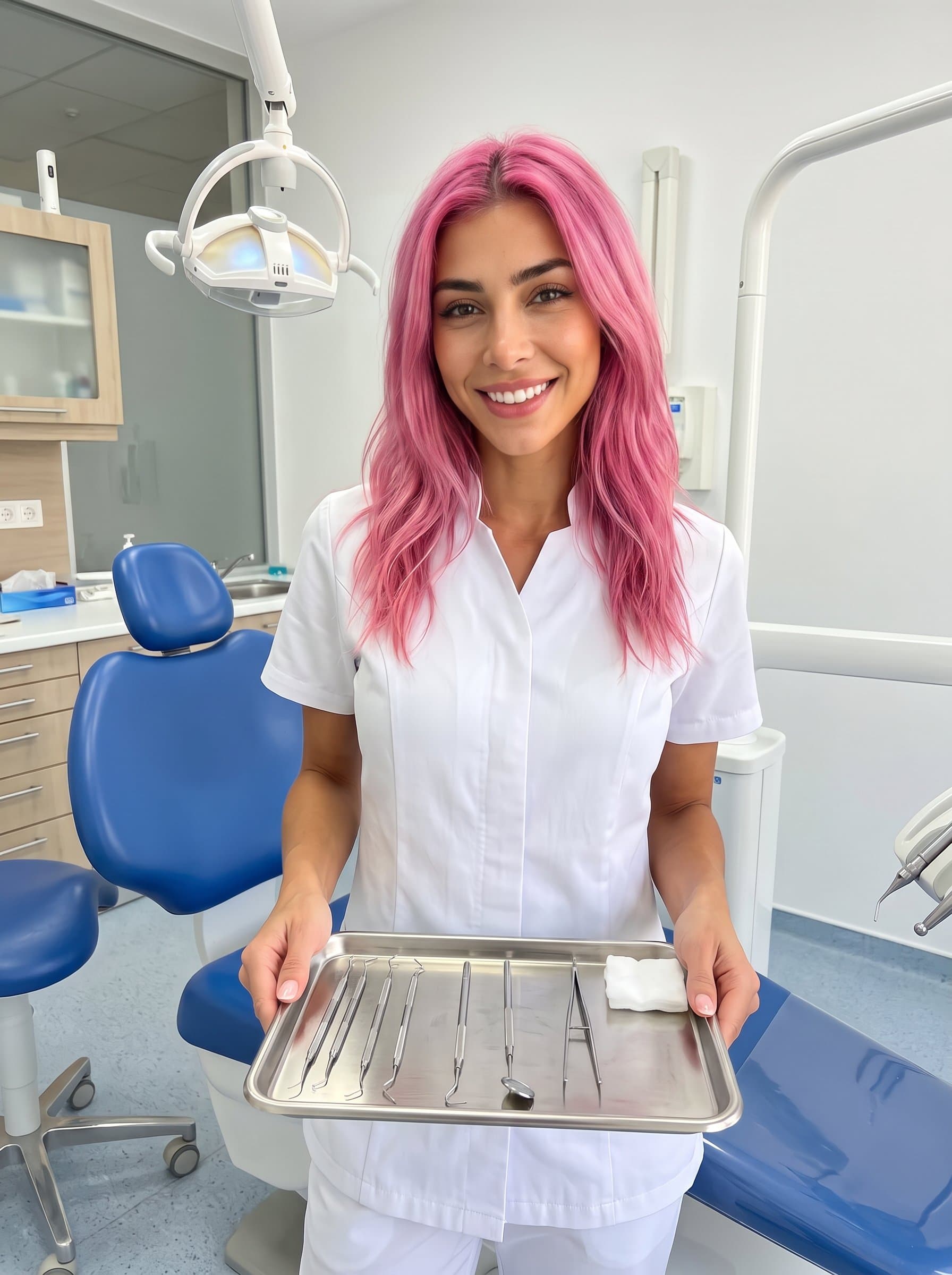 : A dental assistant wearing a white uniform, holding a tray of dental instruments, standing in front of a dental chair, exuding competence and friendliness with a welcoming smile.