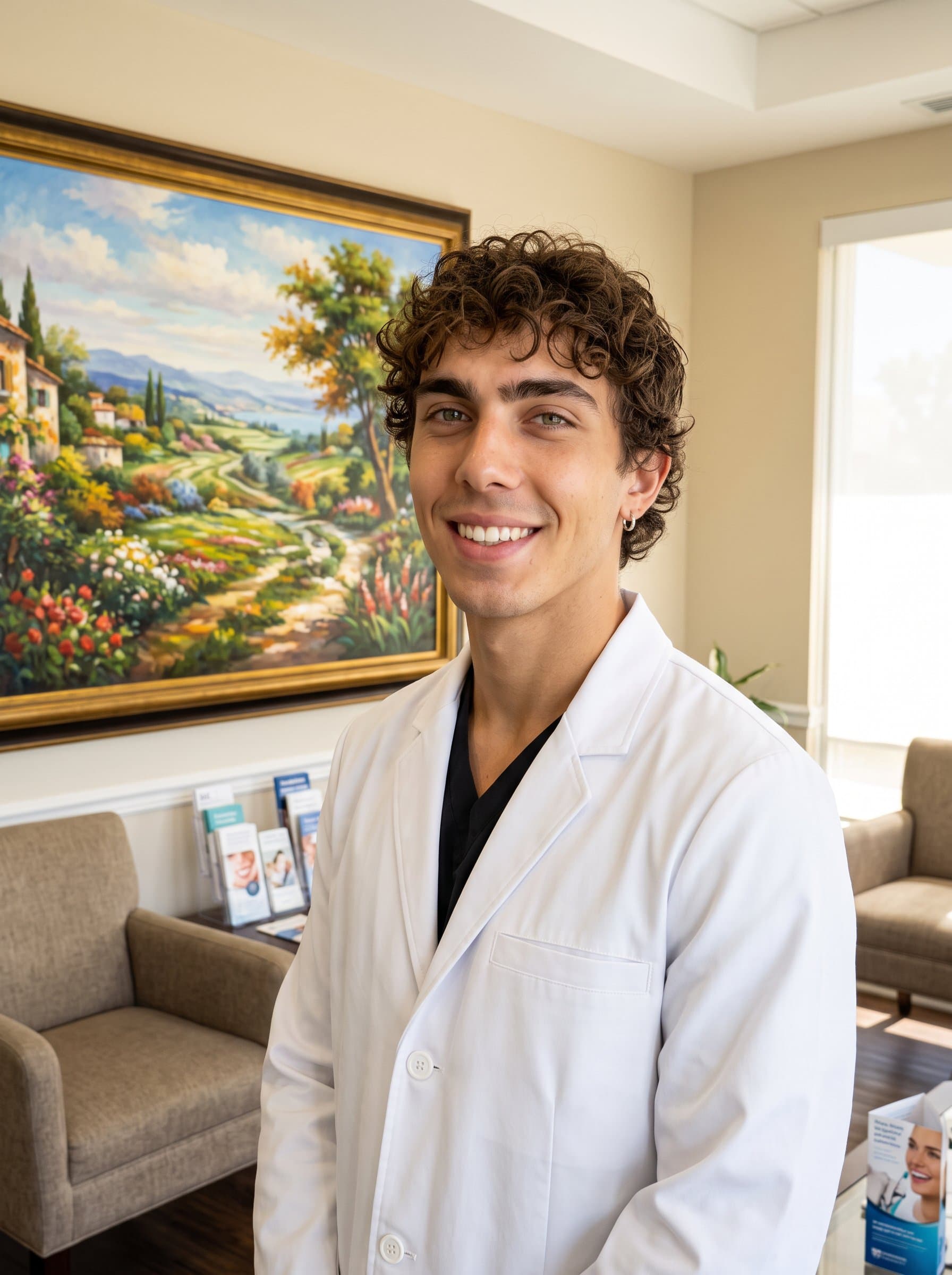 : A dental professional in a white lab coat, standing near a large, picturesque painting in the waiting area, smiling warmly, combining art and science in a welcoming atmosphere.