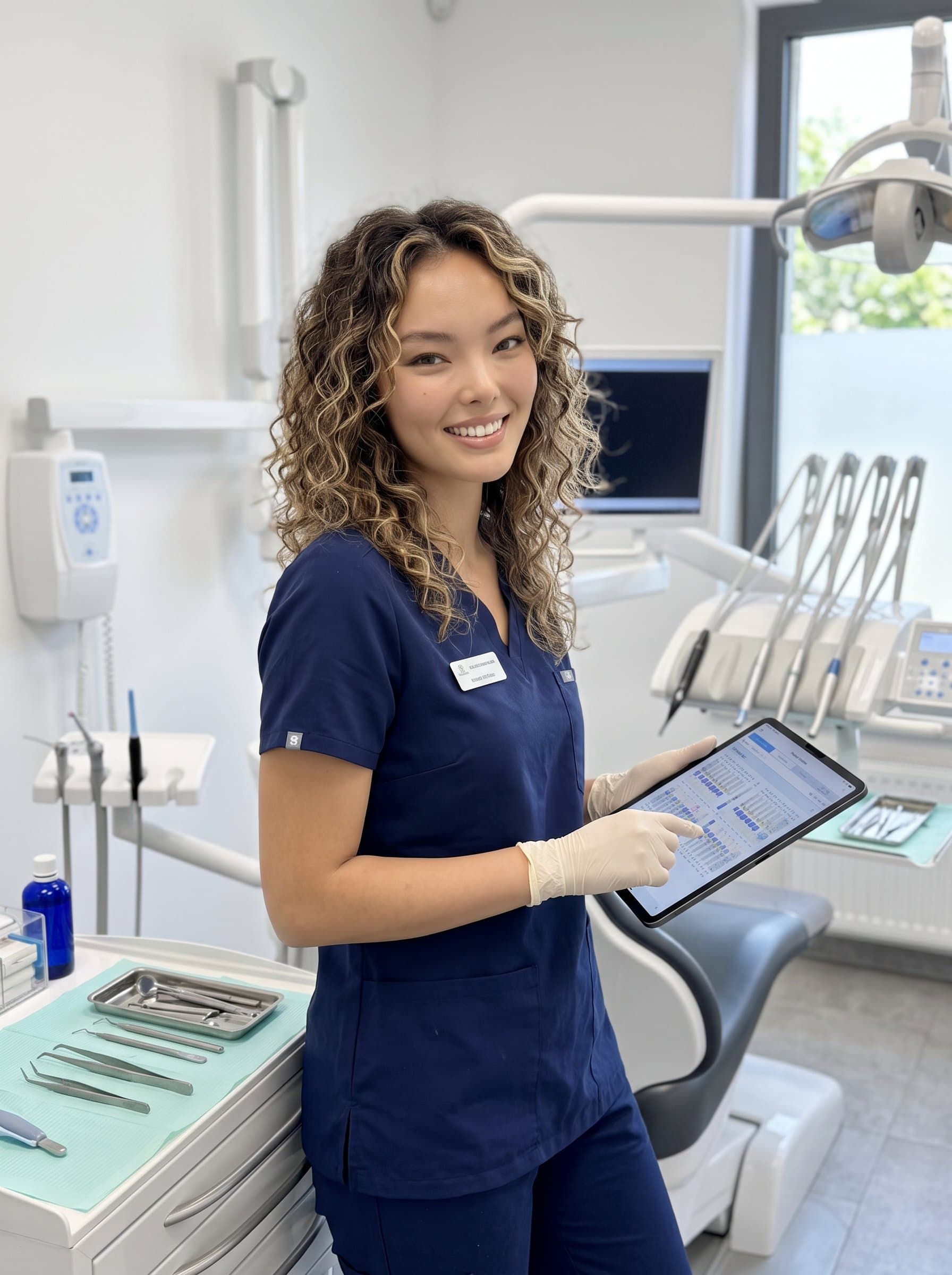 : A dental assistant with curly hair, holding a digital tablet, standing beside a dental workstation, smiling gently, indicating readiness and comfort in a high-tech and organized setting.