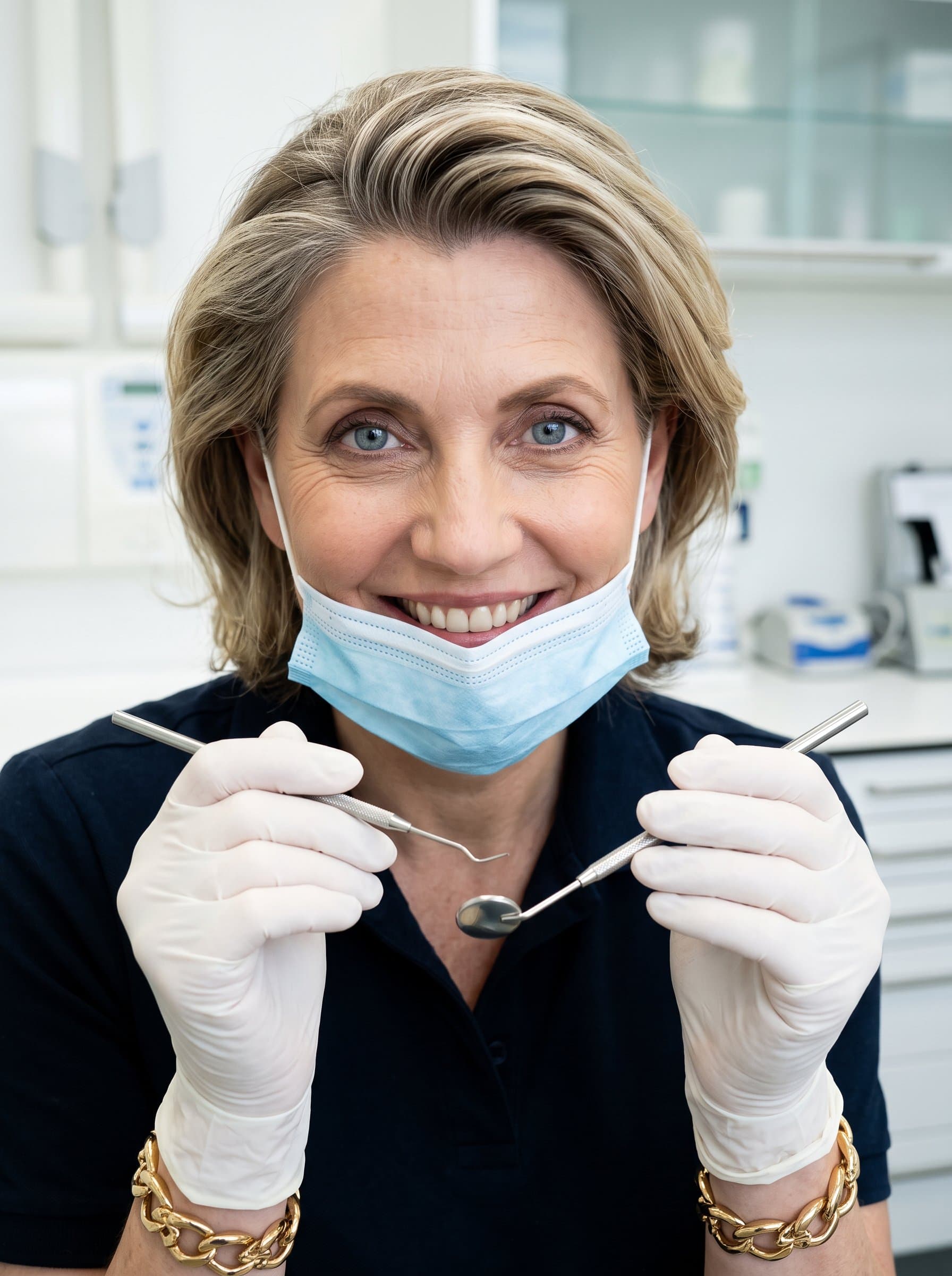 : A close-up of a dental professional holding a dental mirror, wearing a surgical mask below their nose, eyes smiling, capturing the essence of attentive care and warmth in a pristine workspace.