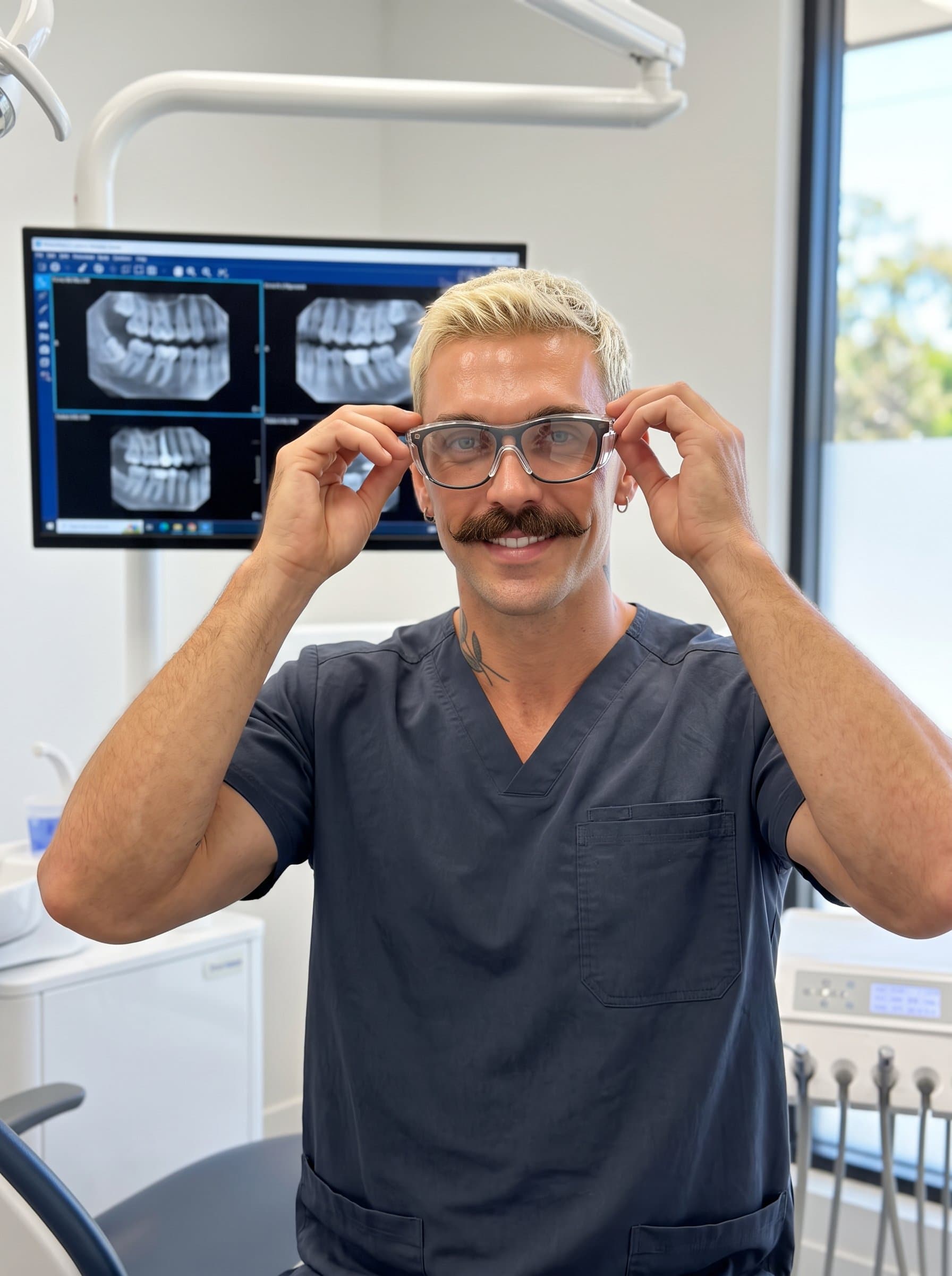 : A mid-shot of a dental practitioner with glasses, adjusting their protective goggles, with a digital X-ray monitor behind them, conveying a modern approach and trustworthiness.