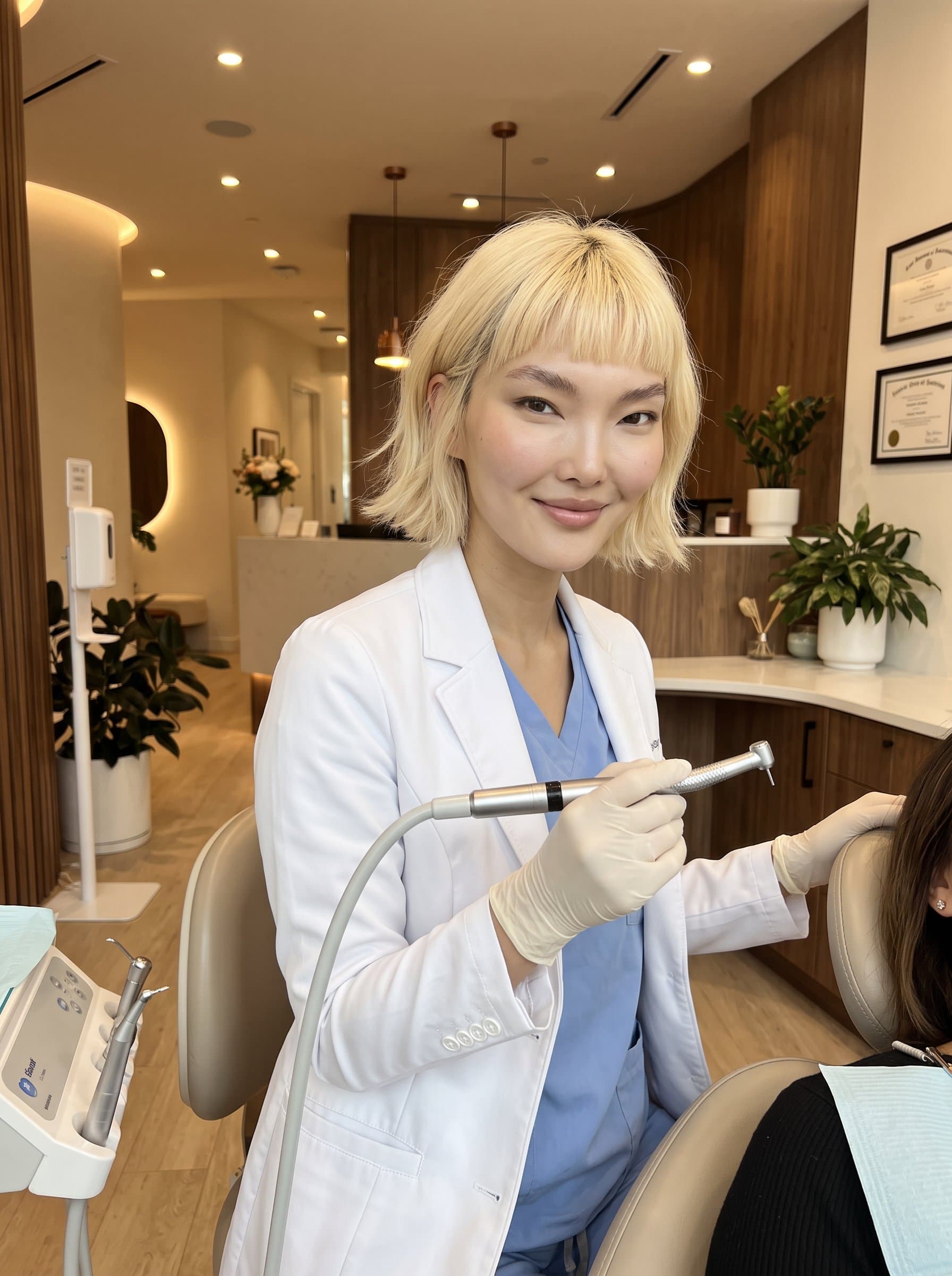 : A dynamic shot of a dentist, holding a dental drill, with a focused yet friendly expression, in a sterile yet inviting office space that reflects high standards and personable care.