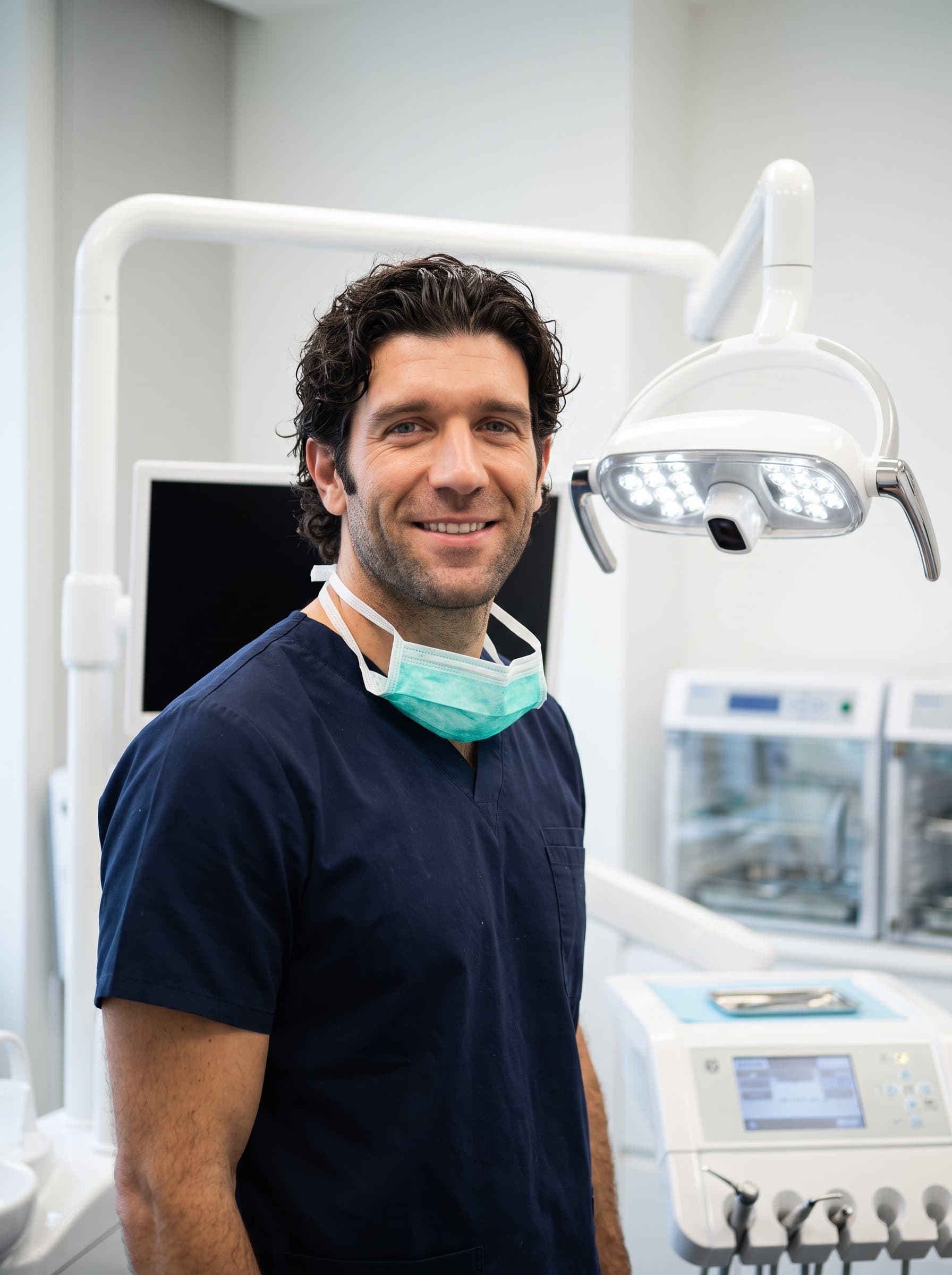 : A dental professional, wearing a teal mask around their neck, standing next to a polished dental light, smiling reassuringly, conveying an atmosphere of trust and cutting-edge care.