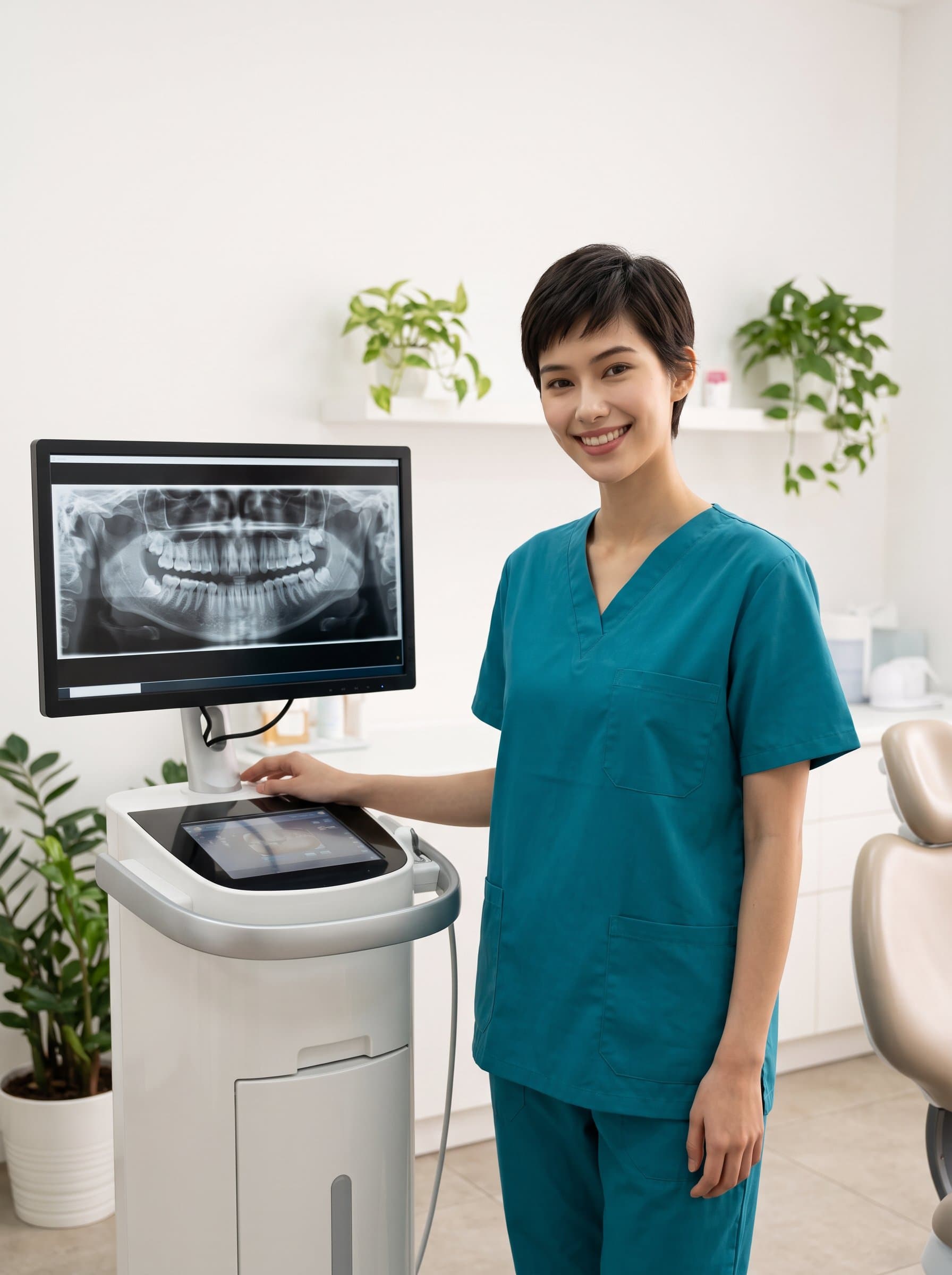 : A dental assistant with a stylish pixie cut, standing next to a dental imaging machine, with a reassuring smile, exemplifying a fusion of modernity and warmth in patient interactions.