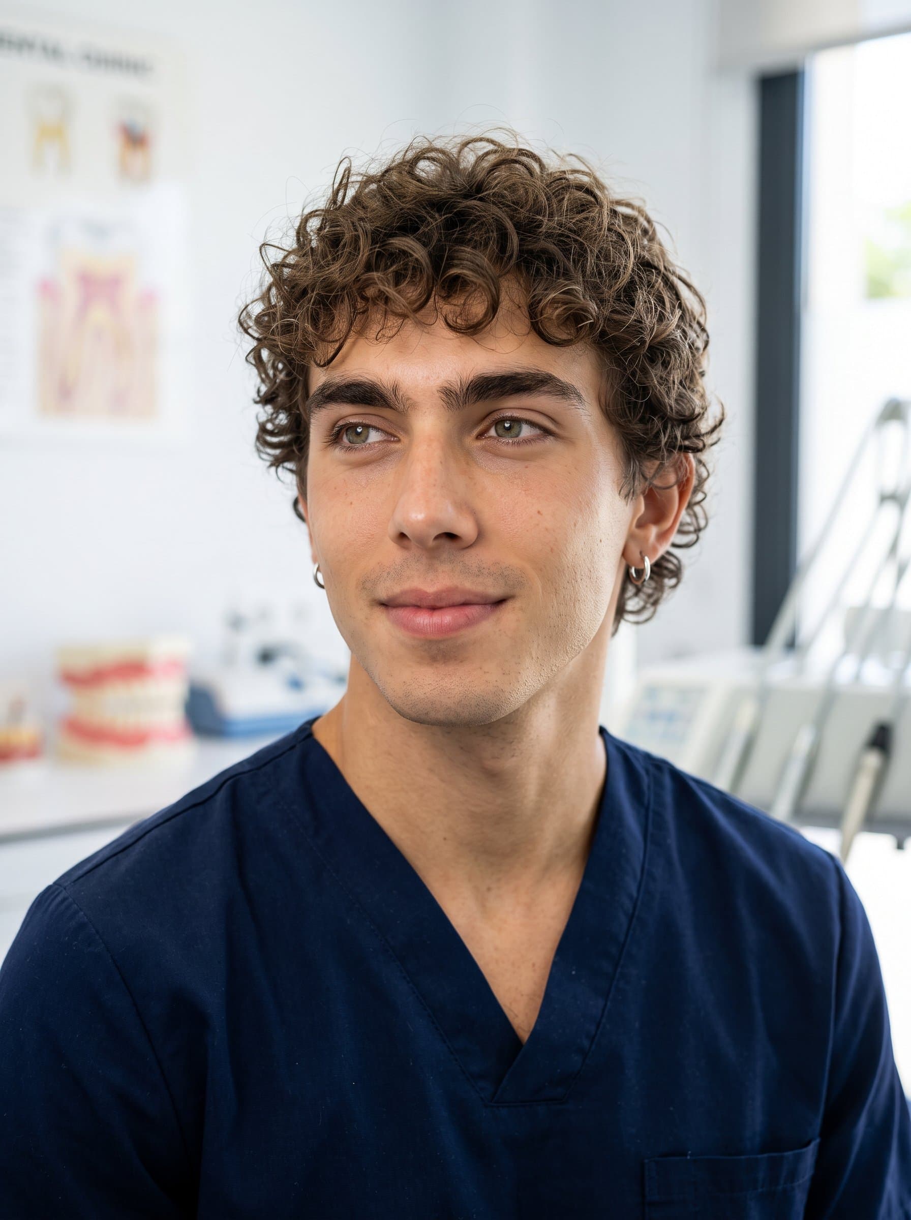 : A close-up photo of a dental practitioner with a soft smile, looking slightly off-camera, with a background of softly blurred dental charts, highlighting thoughtful care and professionalism.