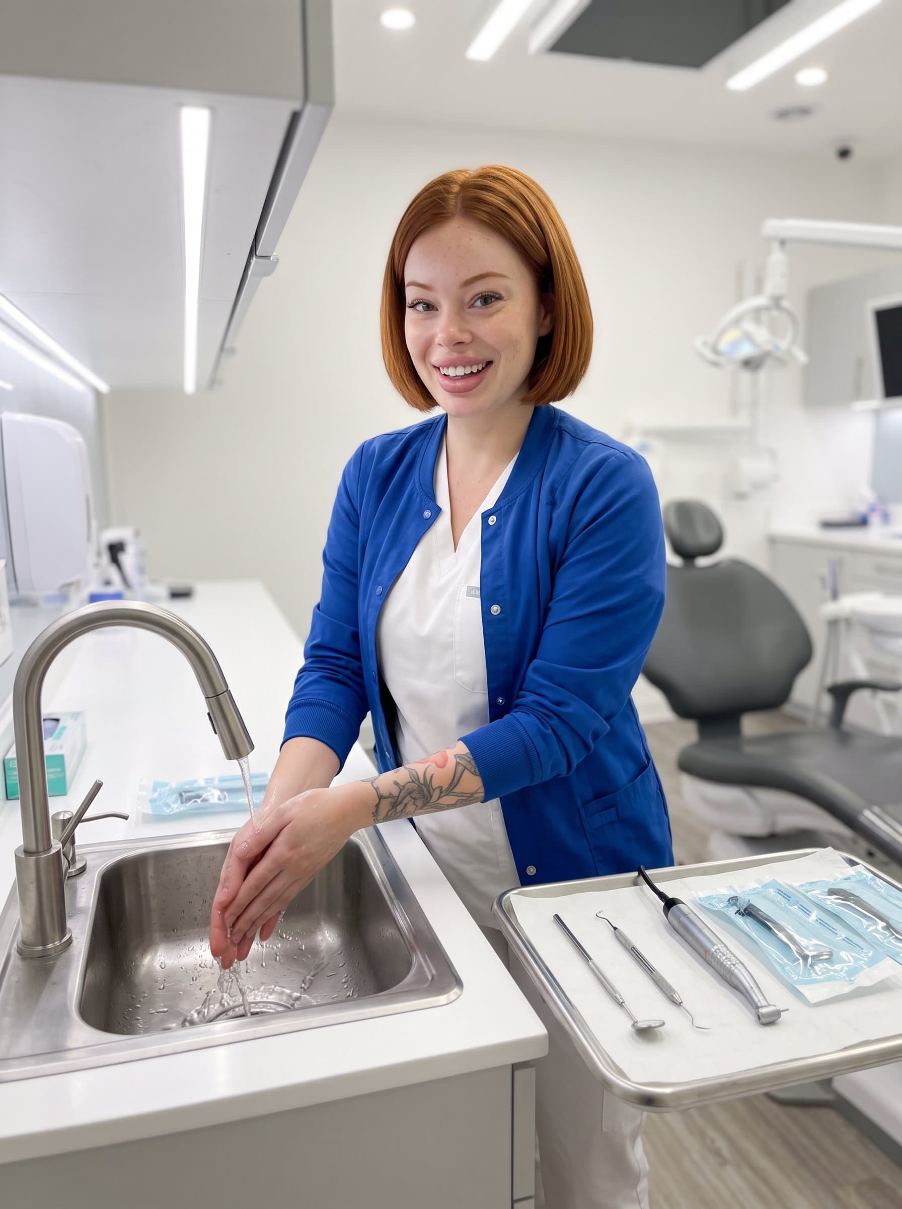 : A dental practitioner with short, styled hair, standing at a dental sink, smiling openly, surrounded by neatly arranged dental tools and a brightly lit environment, showcasing meticulousness and friendliness.