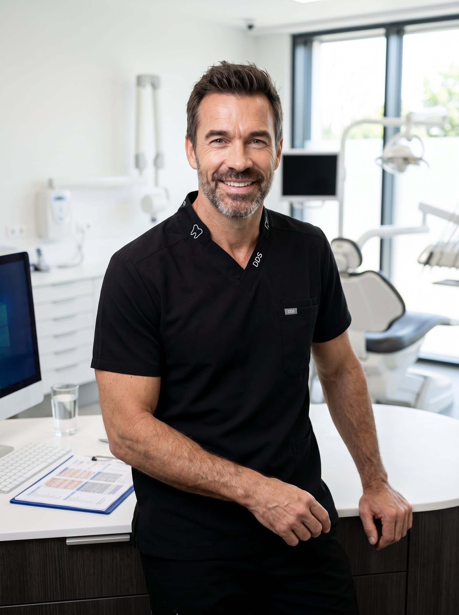 : A dentist in a crisp, black uniform, arms resting on a contemporary desk, smiling confidently with a view of a bright, organized workspace behind, showcasing professionalism and care.