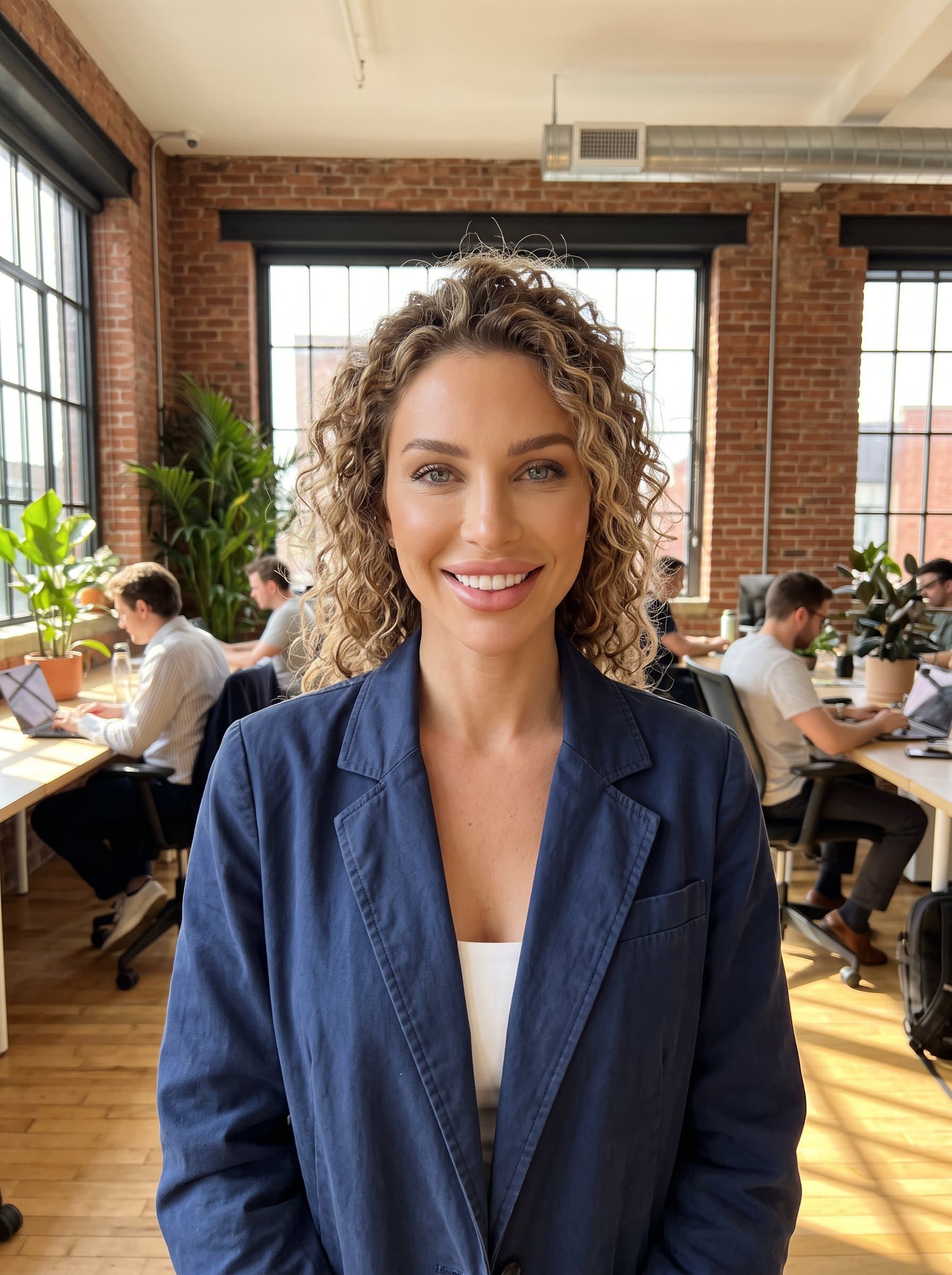 : A headshot featuring a confident startup professional with curly hair and a casual blazer, smiling warmly. The backdrop is a co-working space with natural light filtering through large windows.