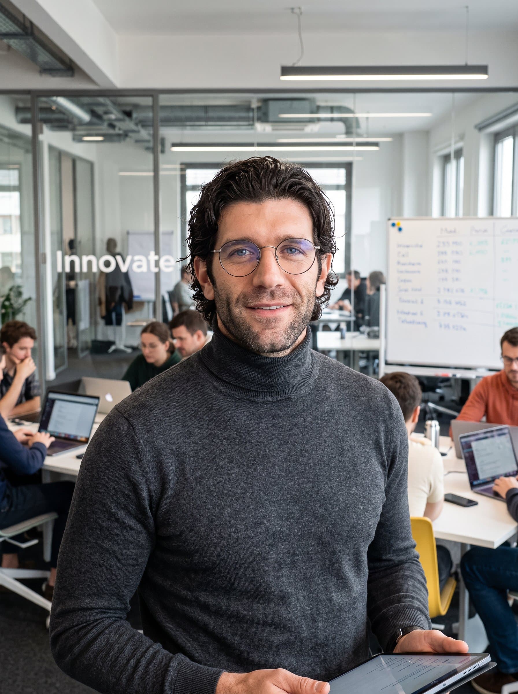 : Capture a tech entrepreneur with medium-length hair and round glasses, wearing a turtleneck sweater. The background is an open office with glass walls, emphasizing a cutting-edge startup environment.