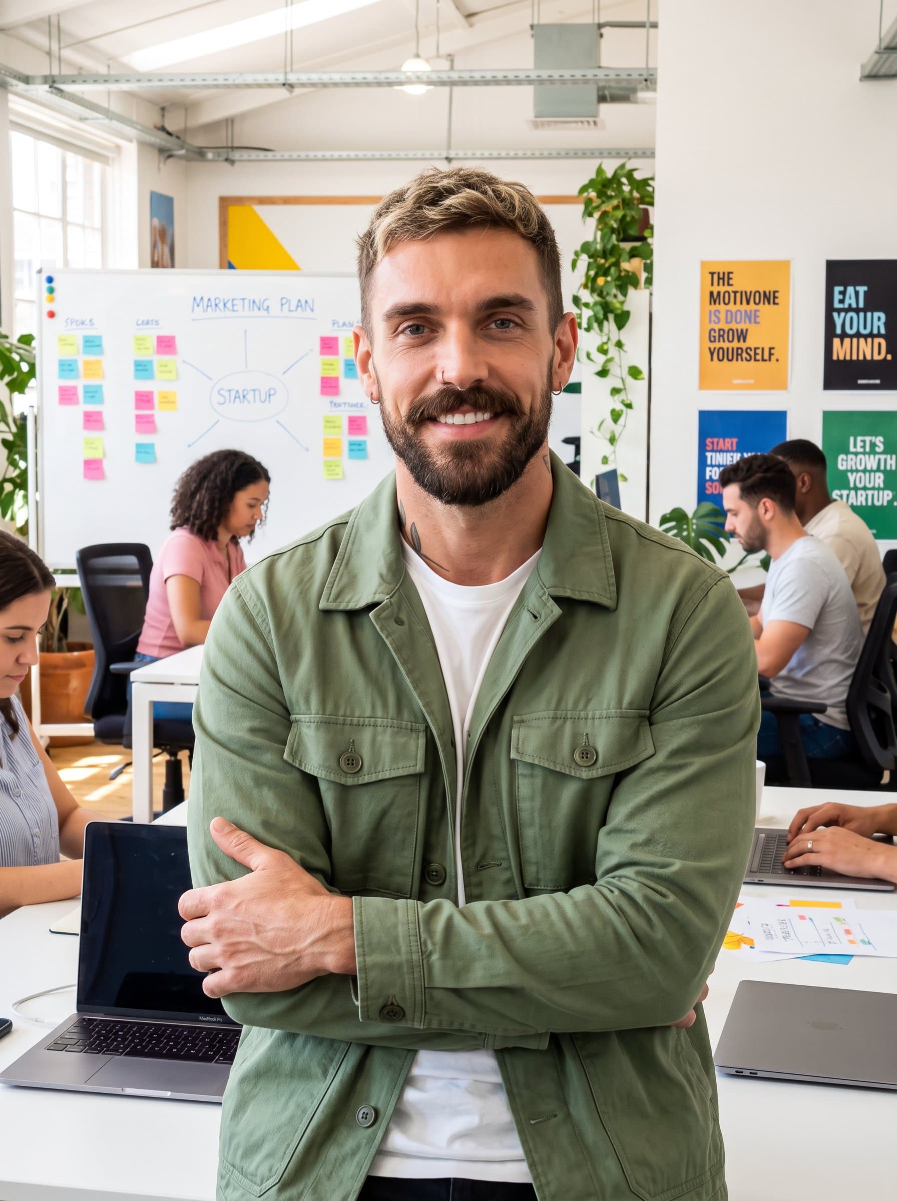 : A marketing specialist from a startup with a neatly trimmed beard and textured short hair, wearing a casual jacket. The background is a vibrant open-plan office, adding an energetic vibe.