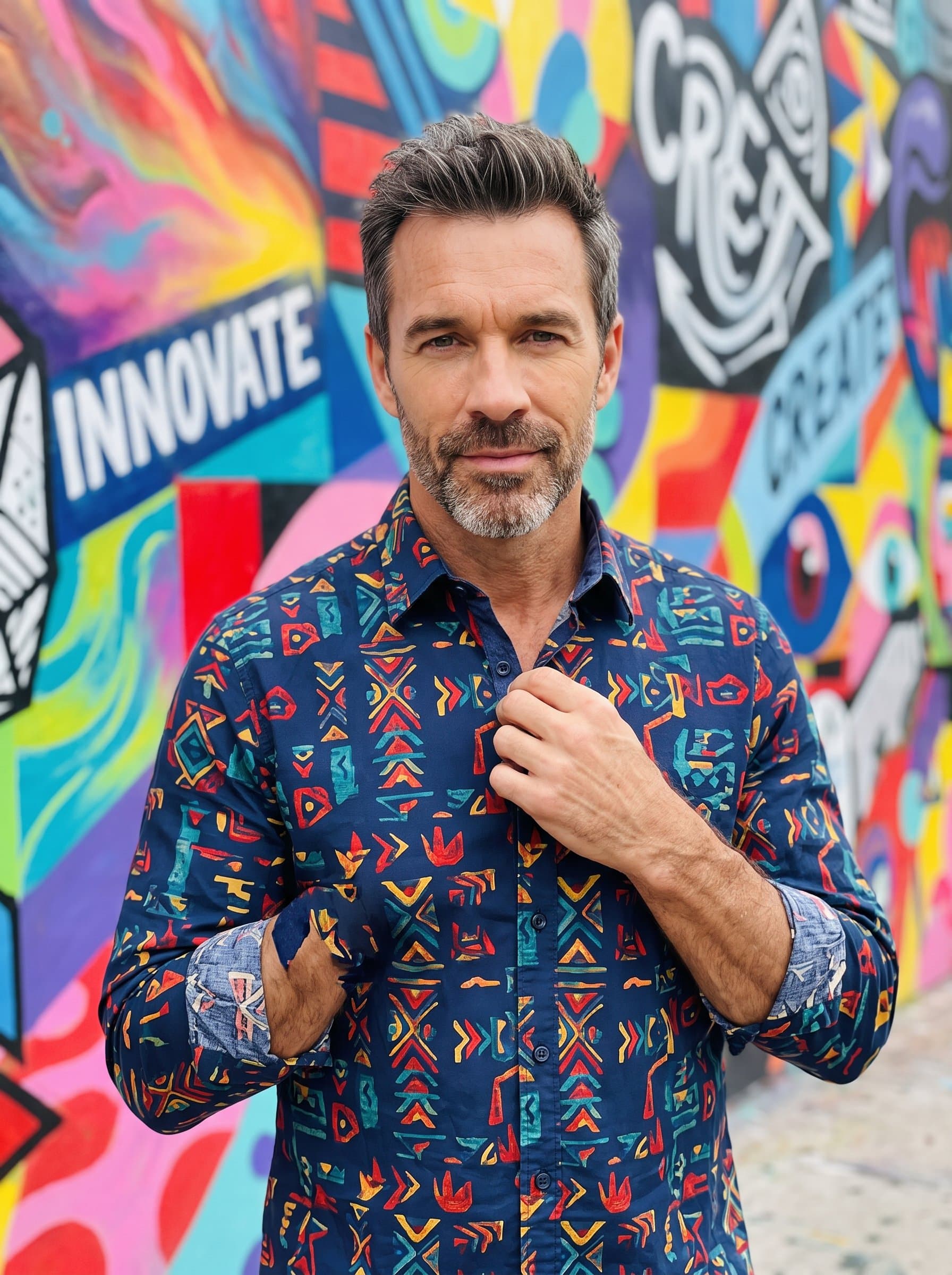 : A headshot of a creative director from a startup, showcasing short hair and a patterned button-up shirt. The background is a colorful mural wall, highlighting creativity and innovation.