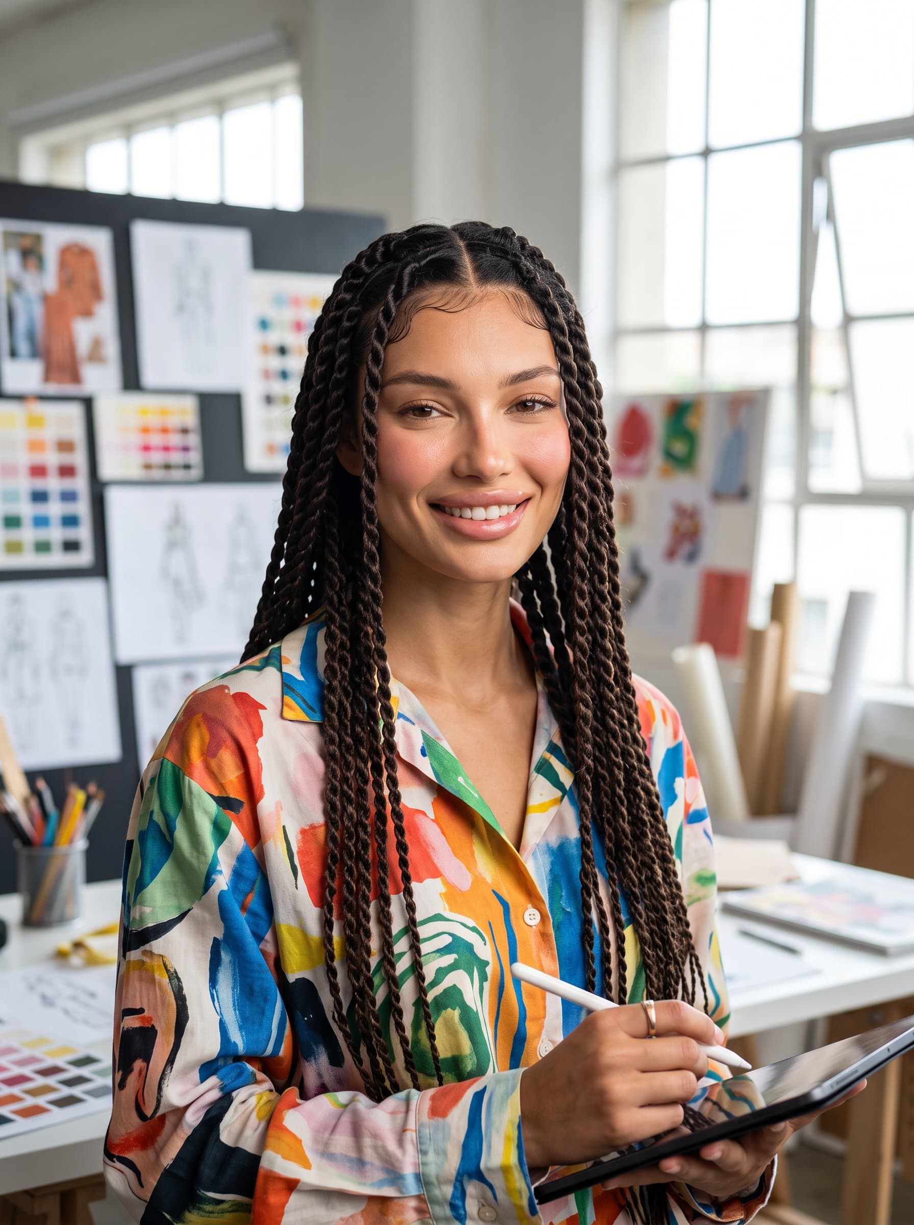 : A headshot of a design lead with braided hair and a printed casual shirt. The environment is an artistic studio, emphasizing creativity and forward-thinking design.