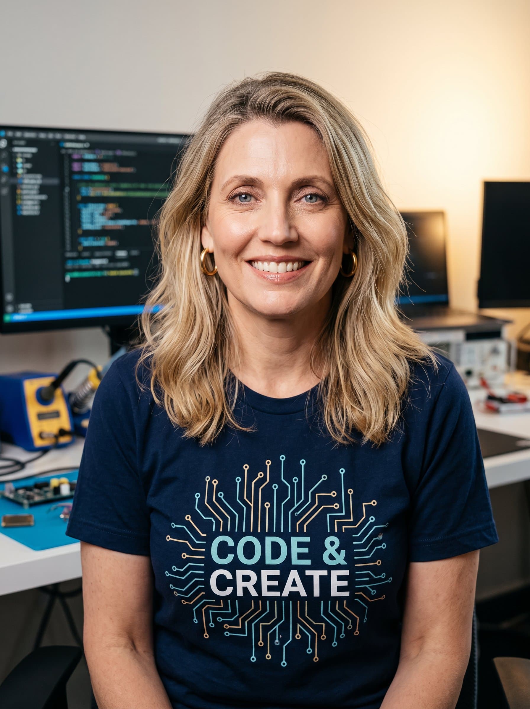: A headshot of a software engineer with shoulder-length hair wearing a graphic tee, sitting in a tech lab environment. The photo captures a knowledgeable and creative aura.
