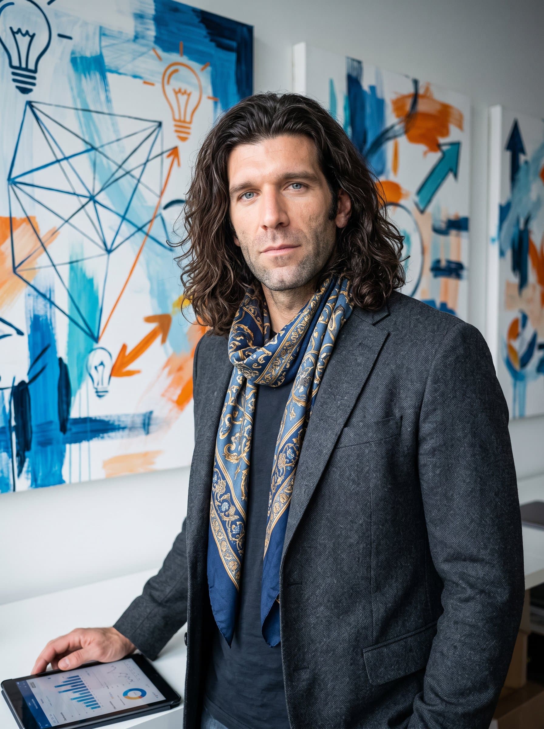 : Portrait of a startup strategist with long, flowing hair, wearing a stylish scarf. The background features abstract art, highlighting creativity and strategic thinking.