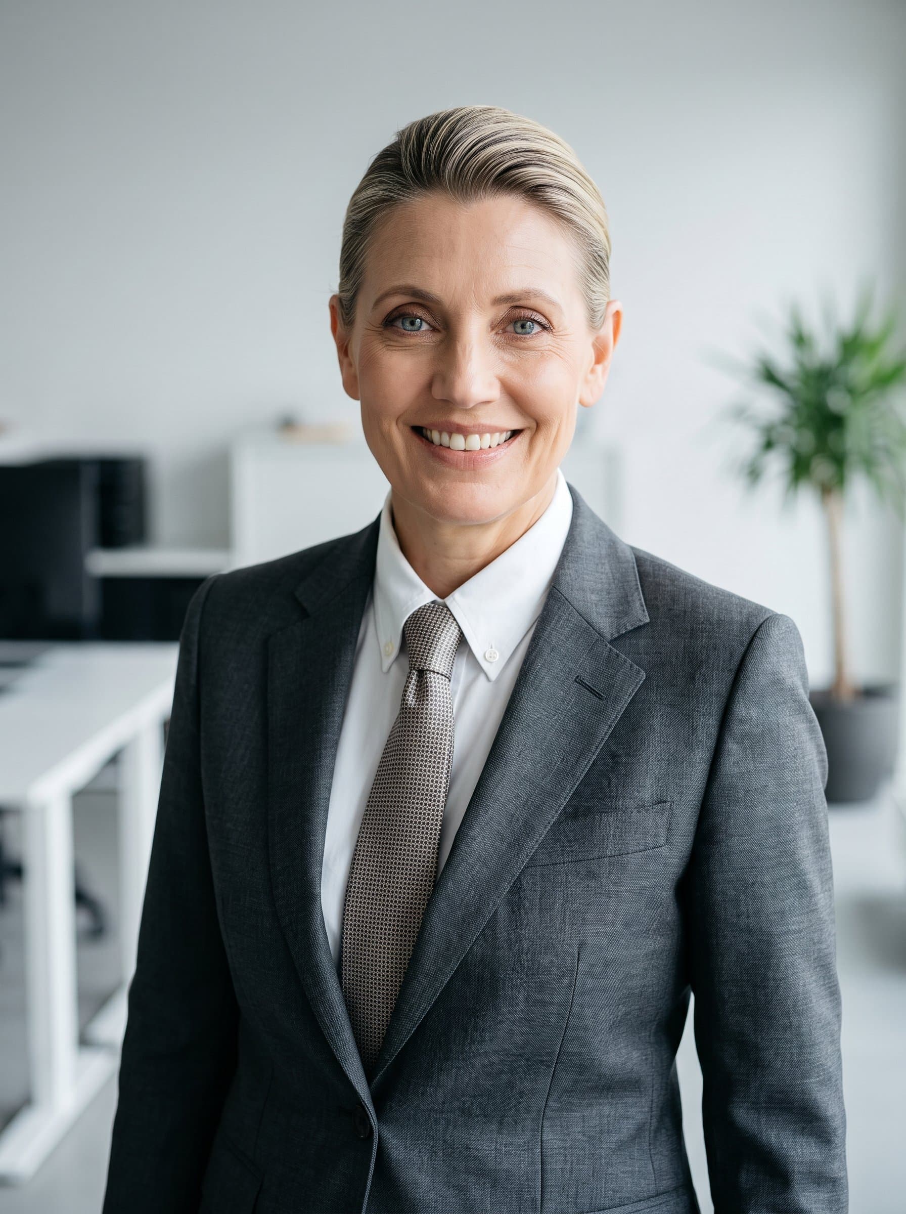 : A professional headshot of a startup founder with slicked-back hair, wearing a modern slim-fit suit, set in a minimalist office space. Soft lighting enhances a friendly and approachable demeanor.