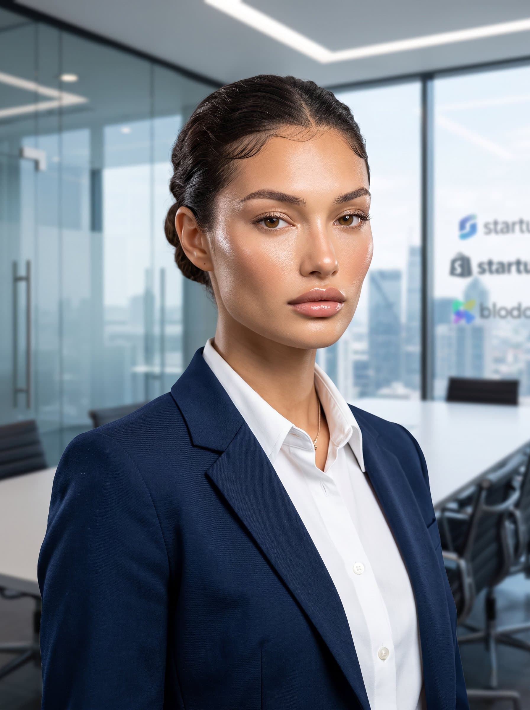 : A headshot of a business analyst from a startup, featuring clean-cut hair and a tailored shirt. The backdrop is a sleek conference room, promoting a sense of professionalism and focus.
