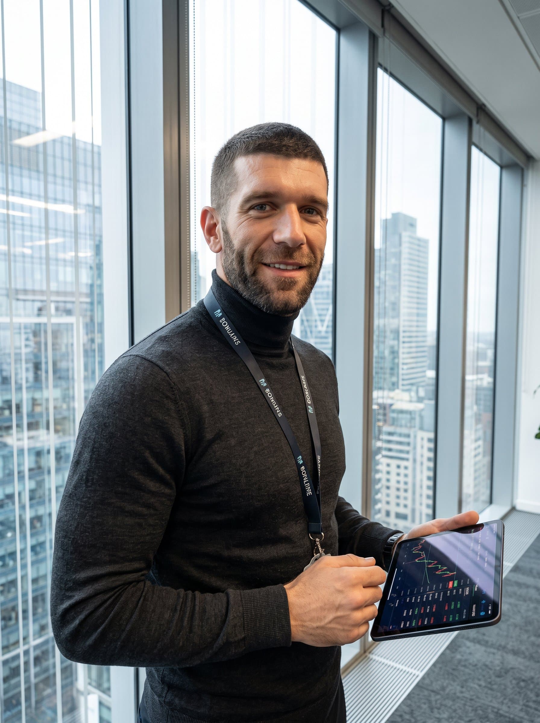 : Capture a finance officer with cropped hair and a form-fitting sweater against a backdrop of sleek, high-rise office windows. The scene captures a vision of urban professionalism.