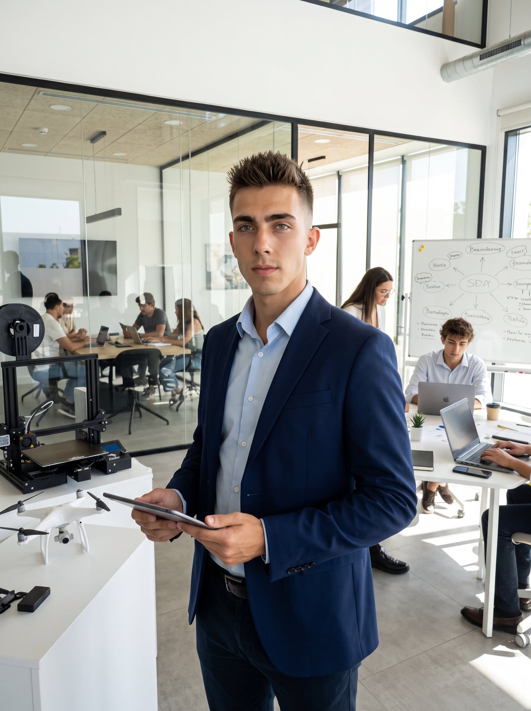 : Capture a venture capitalist with short, spiked hair, dressed in a sleek sport coat. The setting is a modern coworking space with tech gadgets in the background, emphasizing innovation.