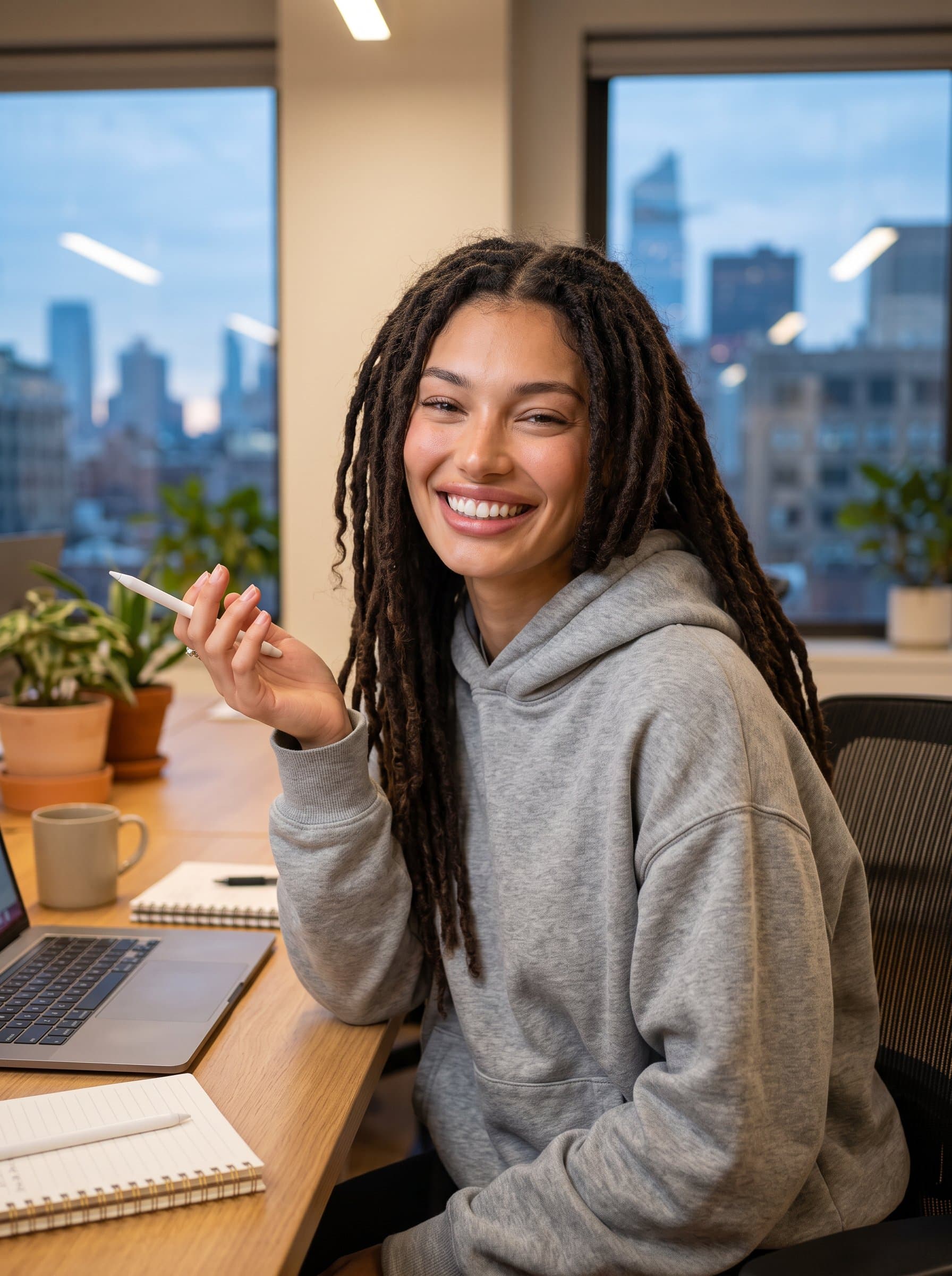 : The face of a startup innovator with dreadlocks and a bright smile, dressed in a relaxed hoodie. Set in a cozy, well-lit workspace, conveying a friendly and approachable style.