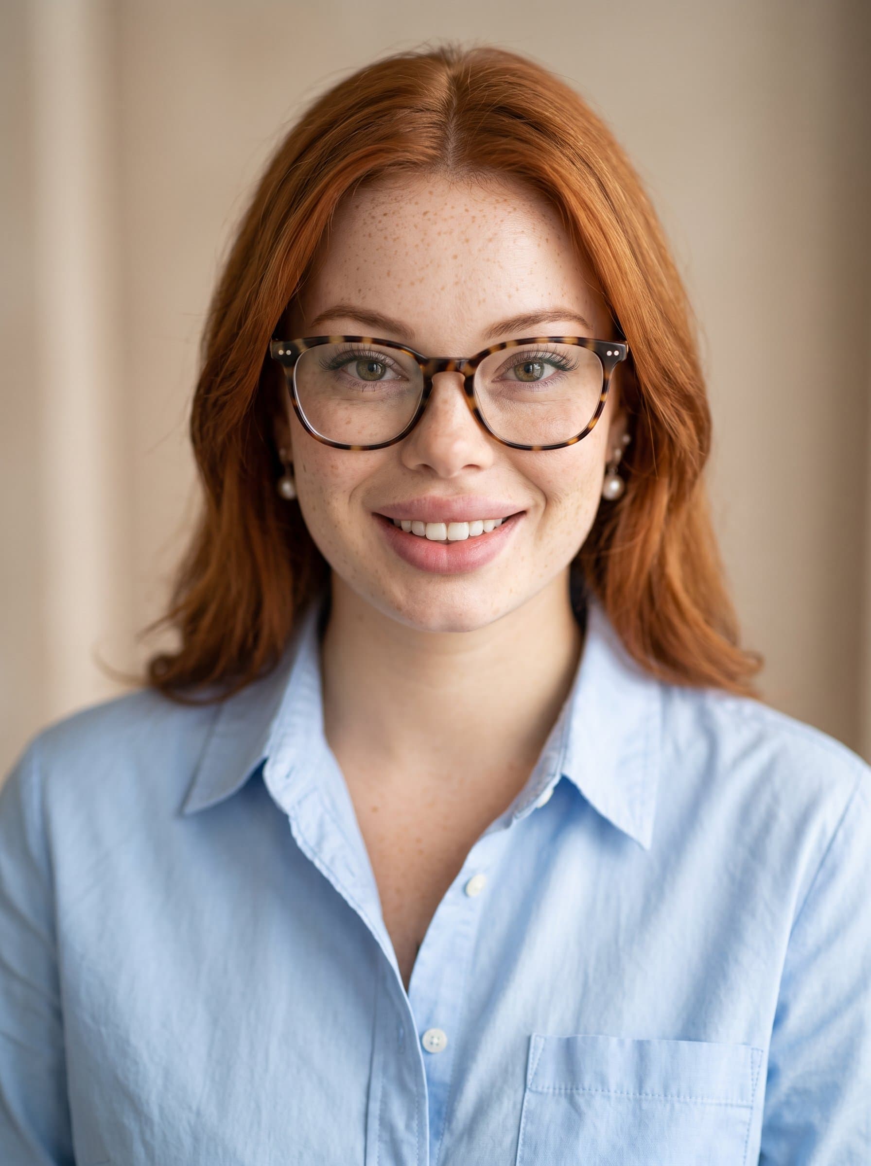 : A founder's headshot in a minimalistic studio space, featuring a collared shirt and chic eyewear. The focus is on the woman's confident and welcoming expression.