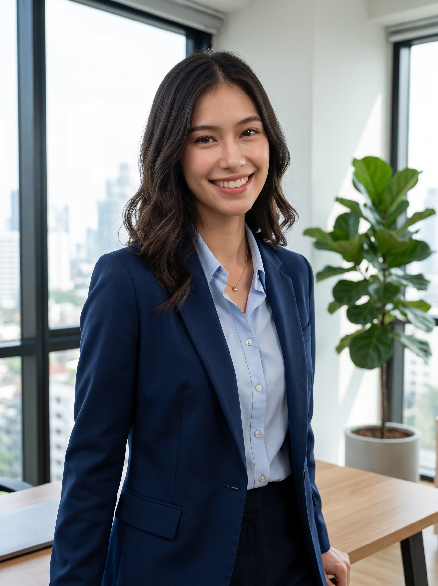 : Portrait of a startup executive with medium-length wavy hair, wearing a smart-casual outfit and subtle accessories. The setting is a modern office with a plant in the corner, promoting a fresh atmosphere.