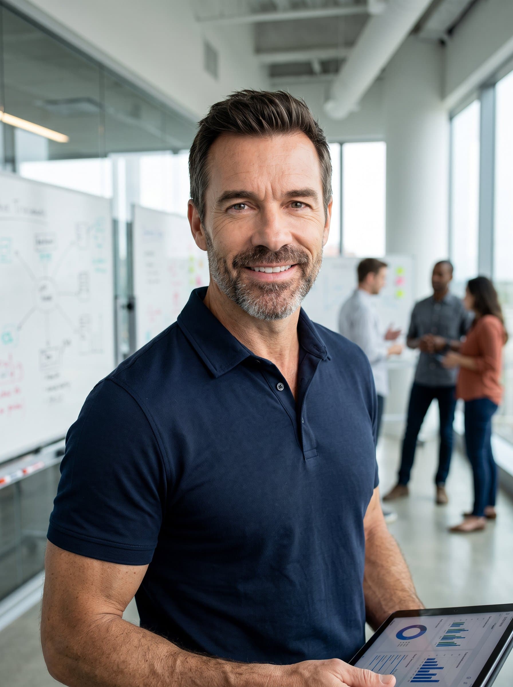 : Capture a product manager with neatly styled hair and a polo shirt, set against a blurred tech workspace. The ambiance suggests a collaborative and forward-thinking environment.