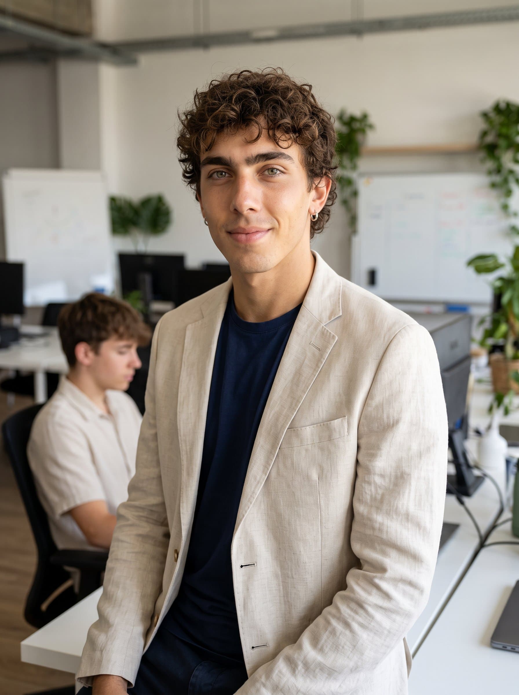 : Capture a startup mentor with styled short curls, wearing a light blazer and a subtle smile. The setting is an open office with collaborative workspaces, enhancing the sense of guidance and support.
