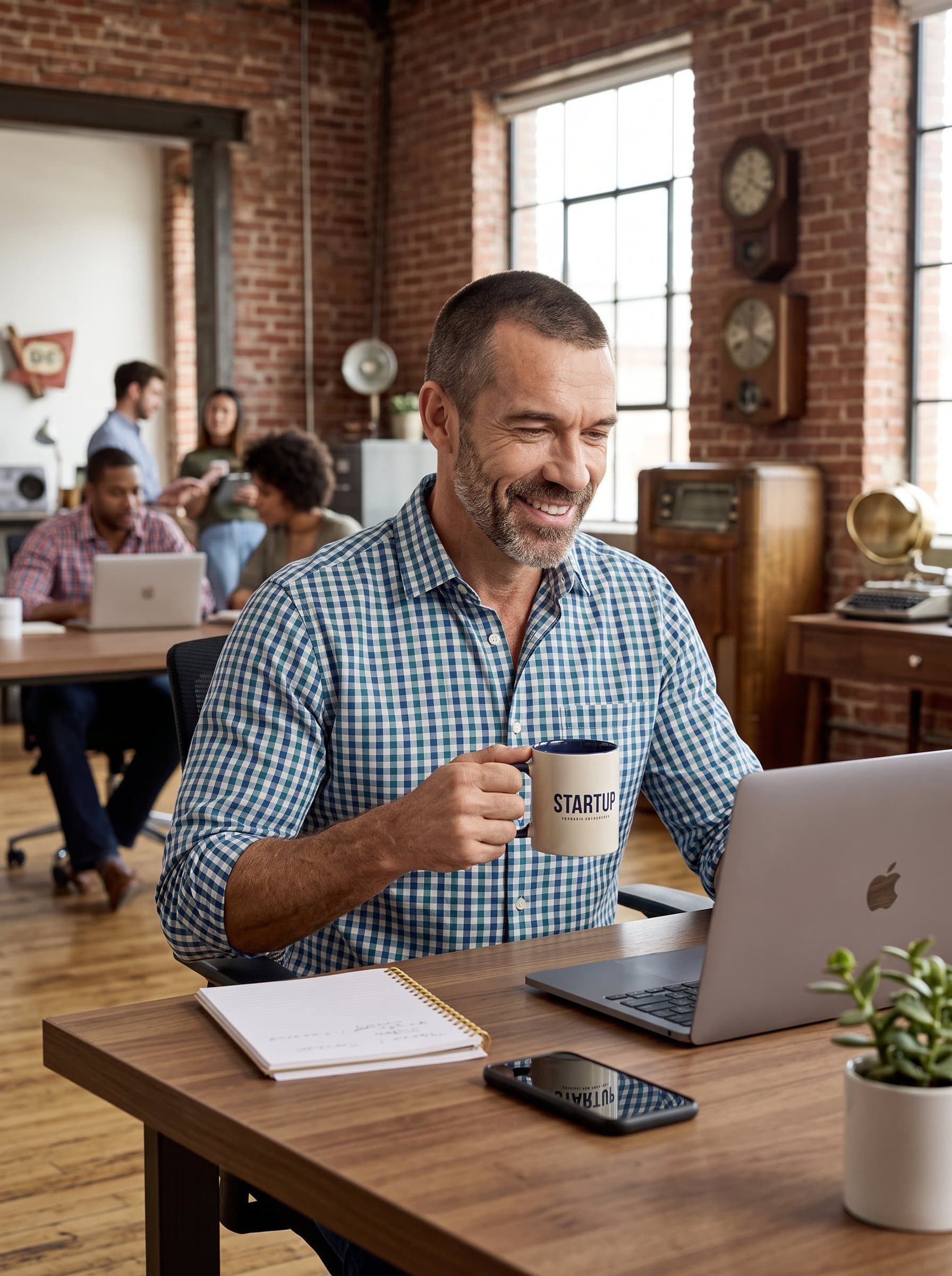 : Portrait of a business developer with a buzz cut wearing a checkered shirt, sitting at a modern wooden desk. The photo highlights a rustic yet contemporary startup atmosphere.