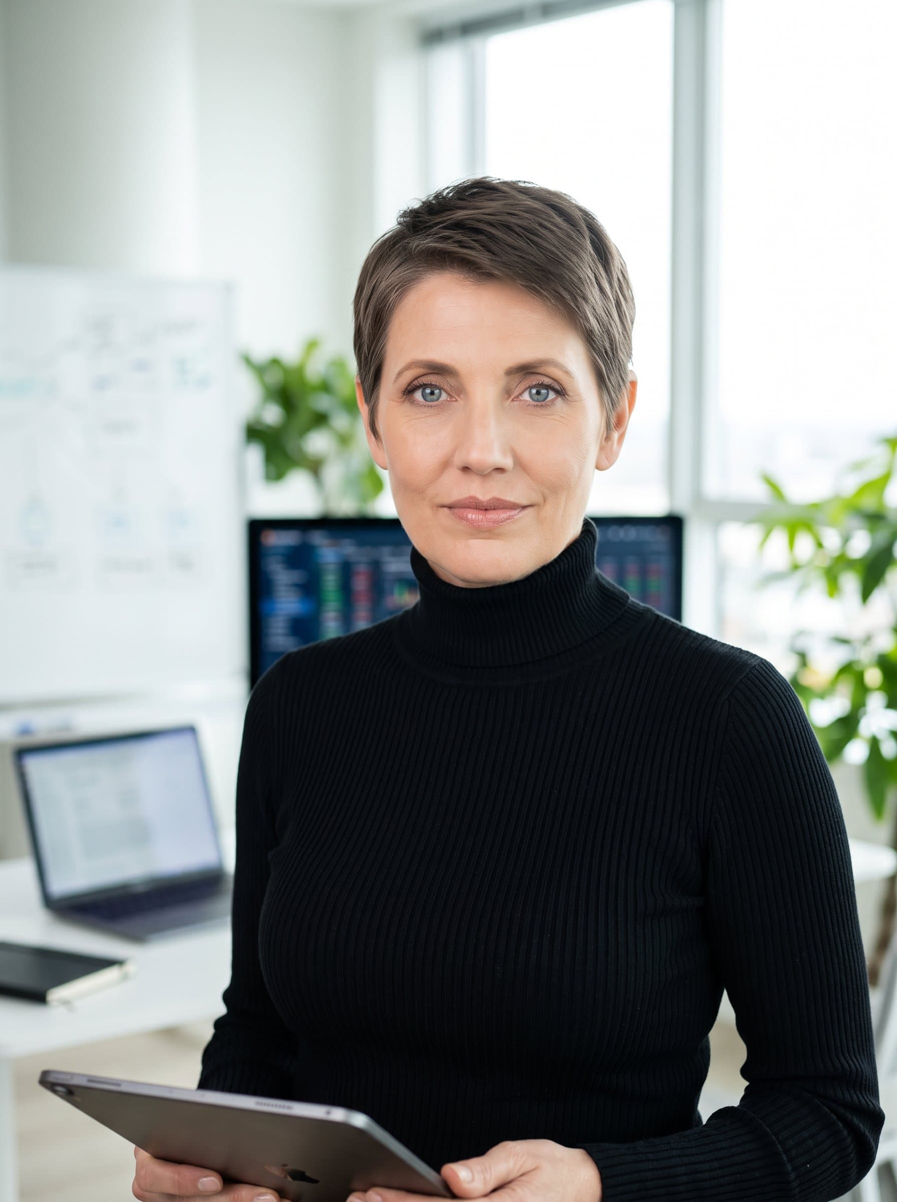 : A tech consultant's headshot in a modern office space with short hair and a fitted turtleneck. A soft focus on tech elements in the backdrop suggests expertise and innovation.