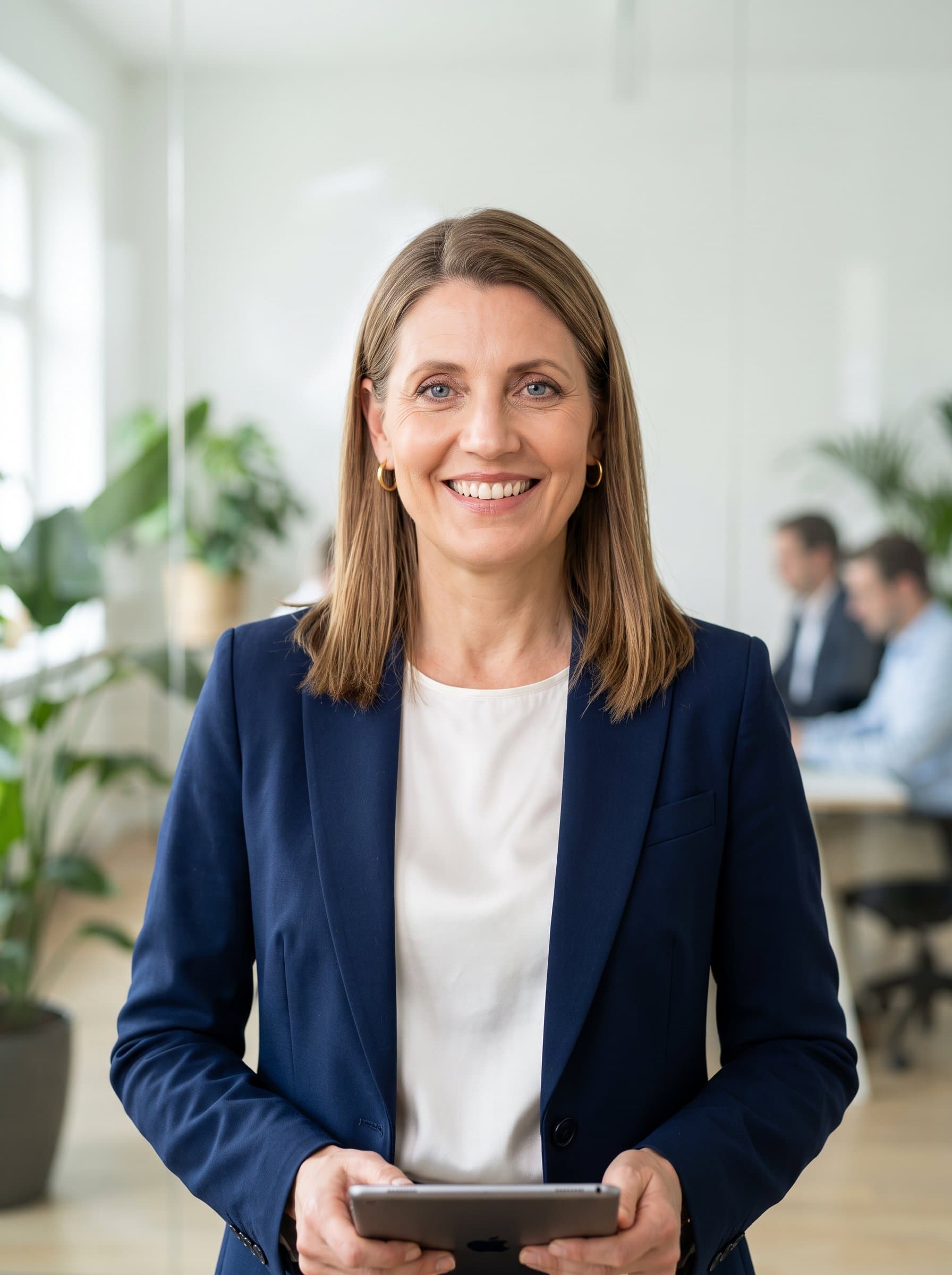: A headshot of a startup recruiter with medium-length straight hair, wearing a sharp blazer. Set in a minimalist, well-lit office, the image conveys professionalism and approachability.