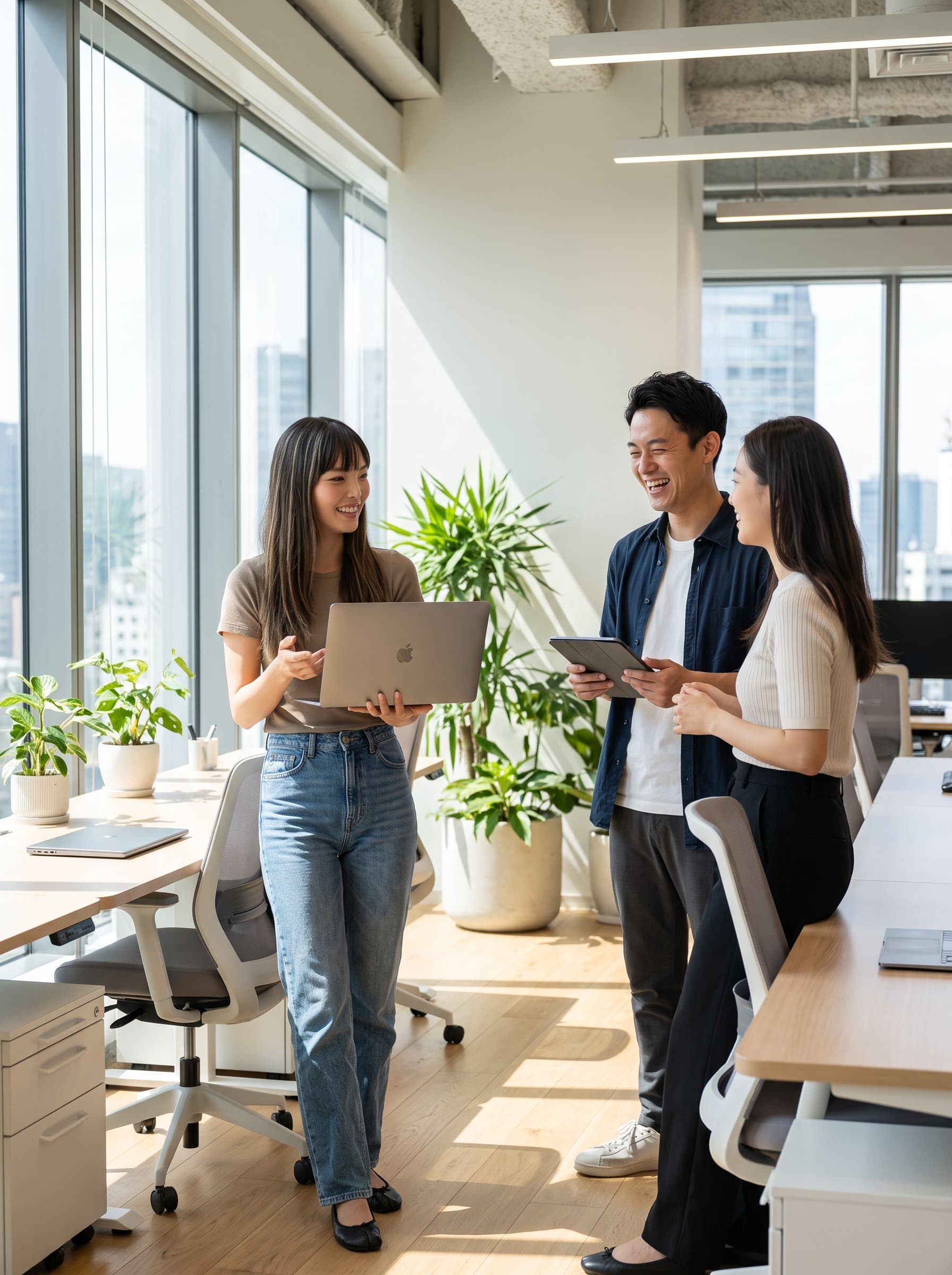 in an open-space office, casually holding a laptop and interacting with colleagues, showcasing teamwork and communication skills. Modern interior design with natural light. Photorealistic and crisp clarity.
