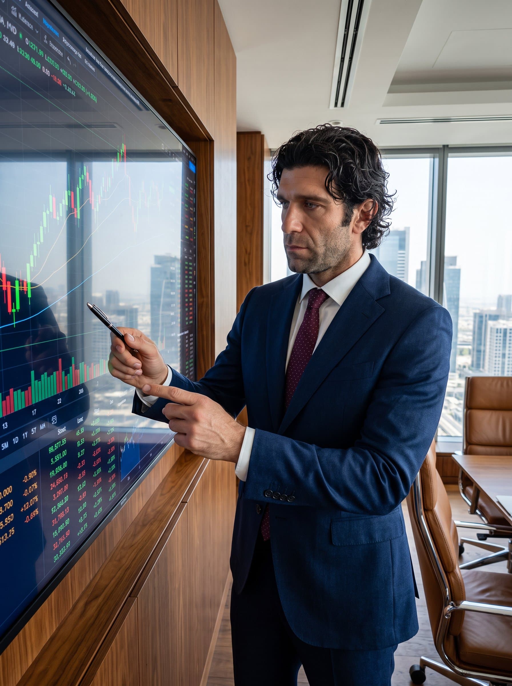 finance expert in a sophisticated office, looking at financial charts on a large screen, wearing a classic dark suit and tie, with a focused expression. Photorealistic with rich textures.