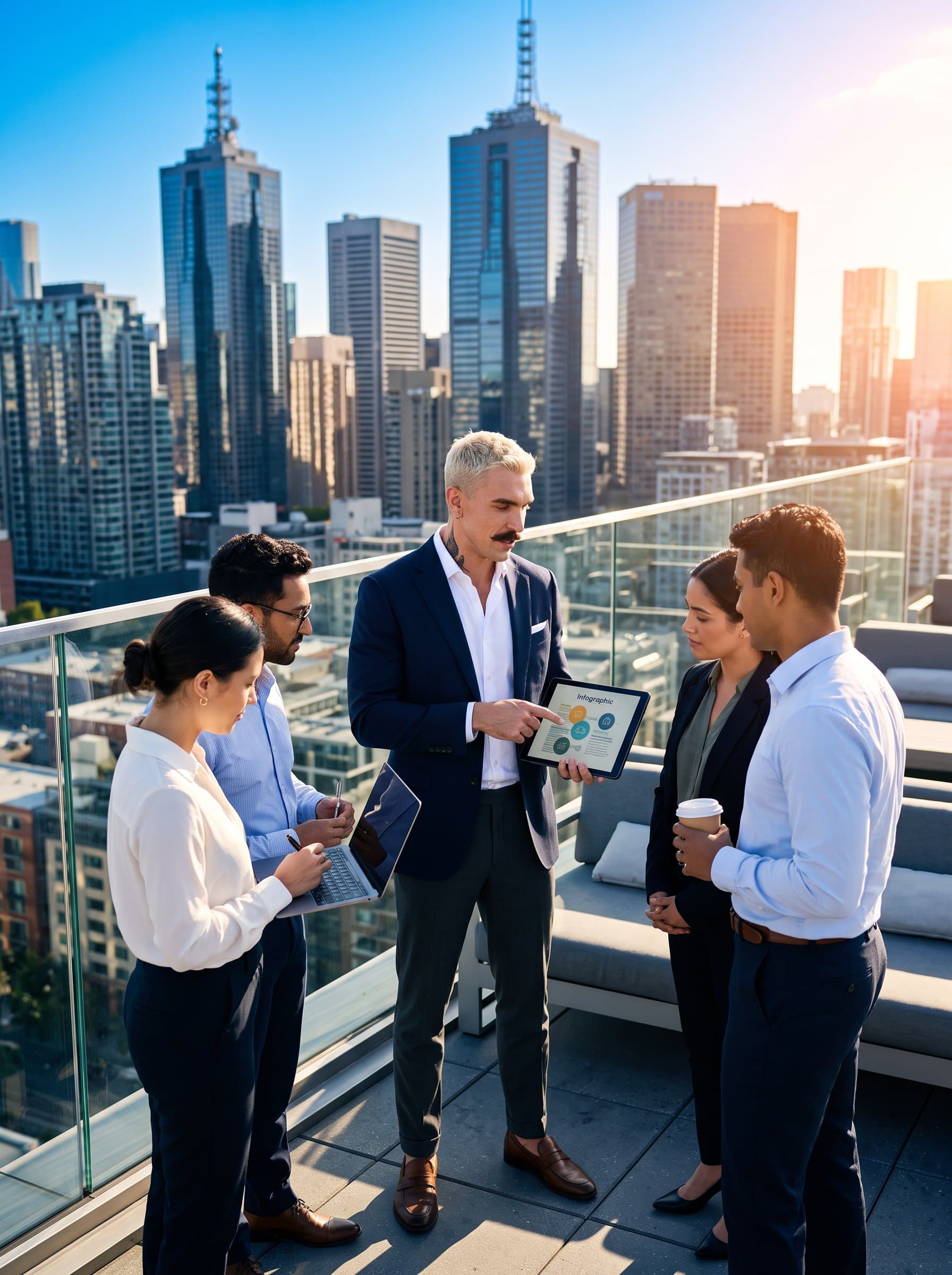 marketing specialist in an urban rooftop setting, holding a tablet and discussing strategy with a team, modern cityscape in view. Stylish business attire. Photorealistic with vibrant lighting.