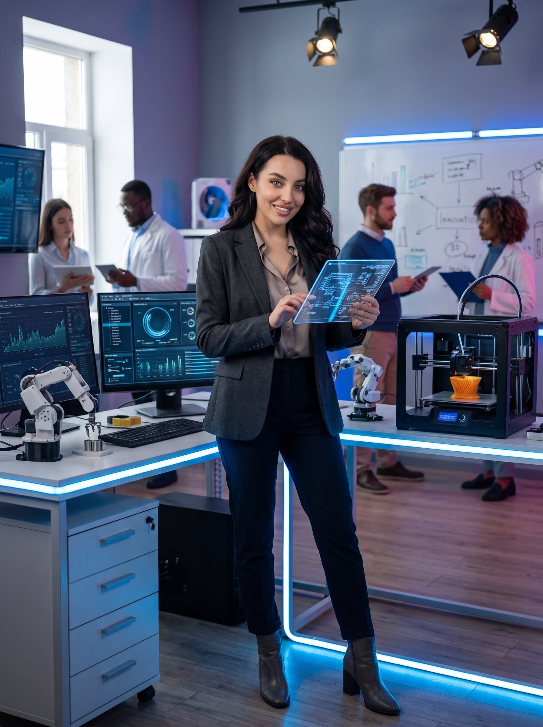tech innovator wearing stylish business casual attire, standing in a high-tech lab with digital gadgets around, symbolizing innovation and creativity. Photorealistic with vibrant colors.