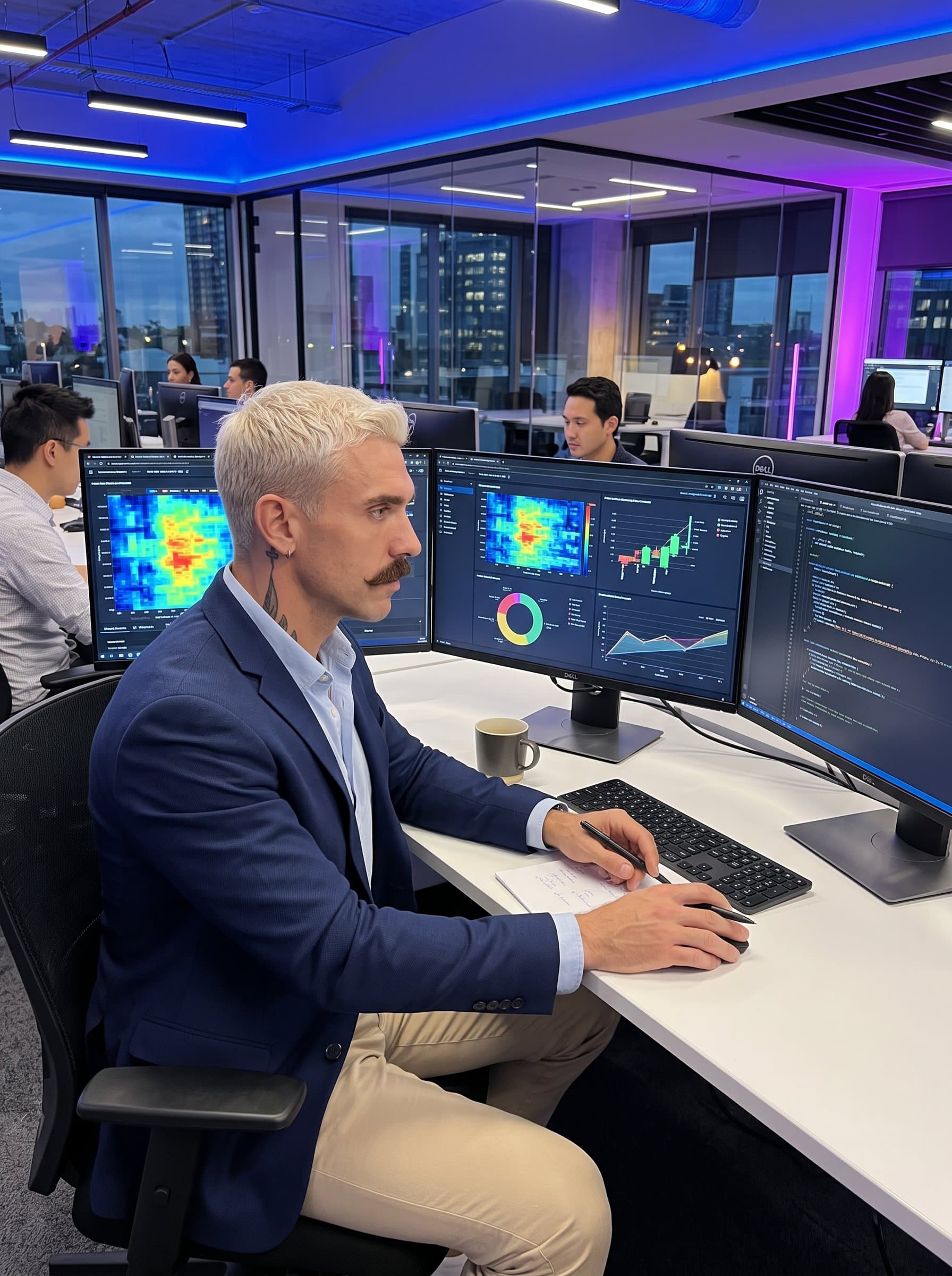 data analyst in a modern tech hub, deeply focused on a multi-screen setup with complex data visuals, sporting casual business attire. Photorealistic with high-tech ambiance.
