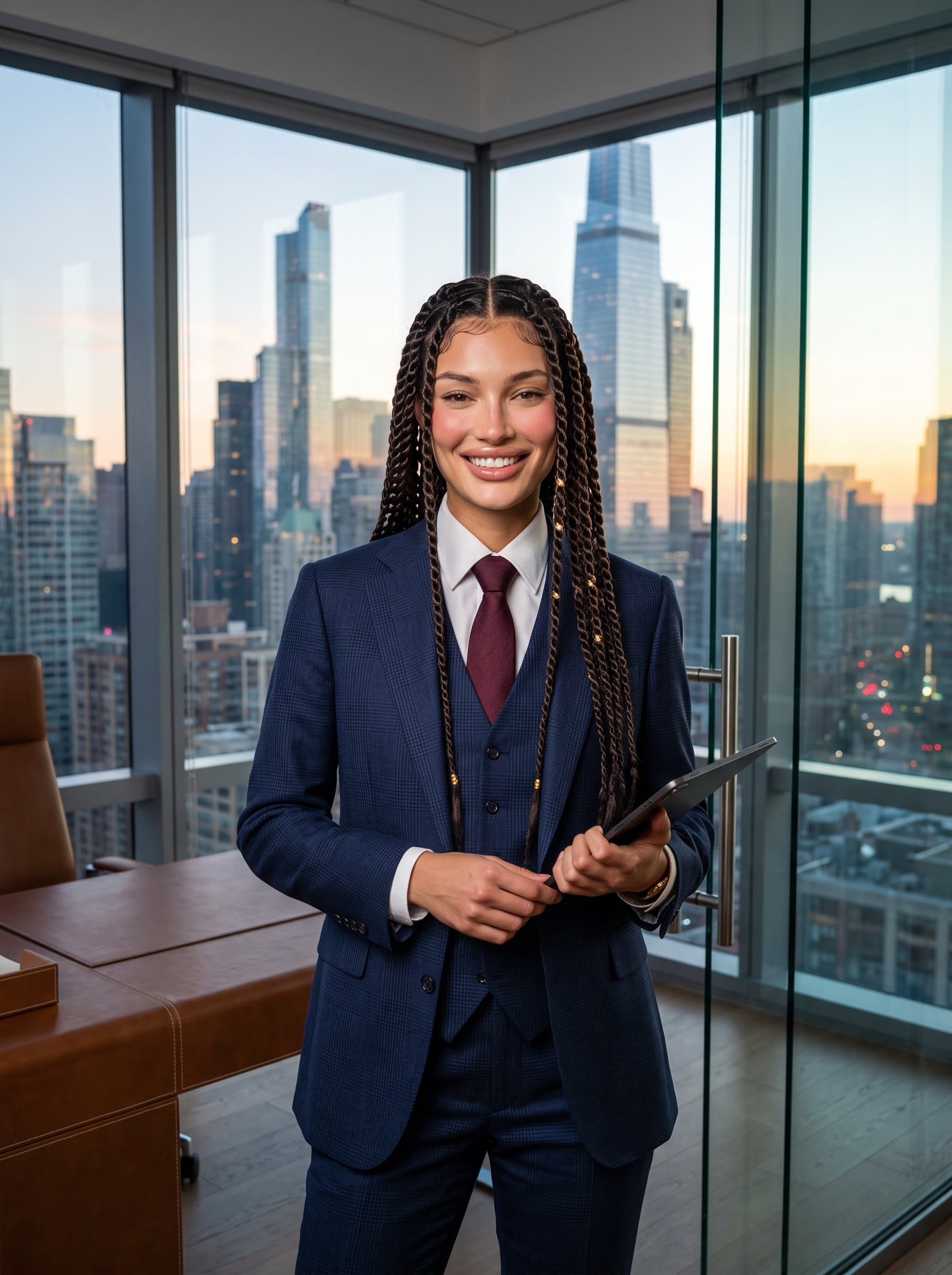 professional with a sleek haircut and a tailored suit in a modern glass office, exuding confidence and competence, with a city skyline visible through the window. Photorealistic and sharp details.