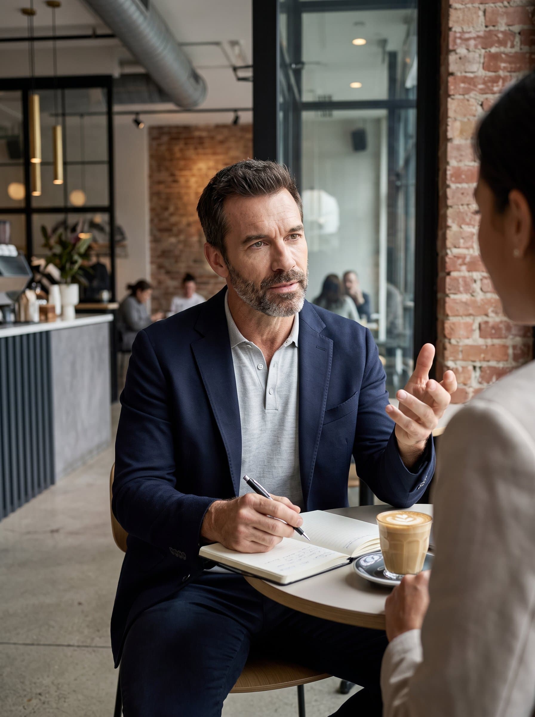 in a sleek urban café, holding a business meeting with a stylish notebook and coffee, dressed in semi-casual attire, exuding professionalism and approachability. Photorealistic with modern decor.