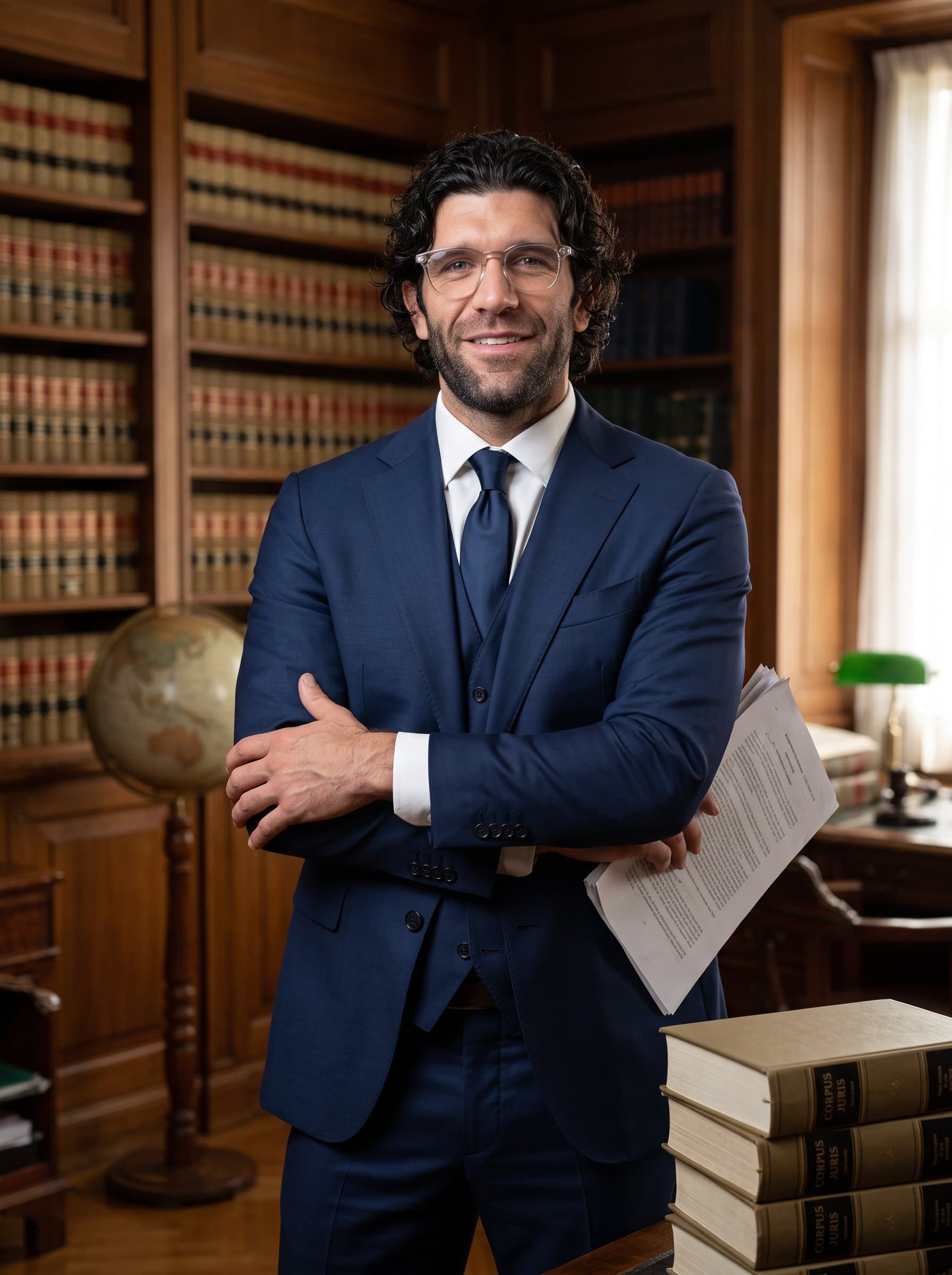 corporate lawyer in a classic office library, standing confidently with legal books and documents around, wearing a tailored suit and glasses. Photorealistic with a dignified ambiance.