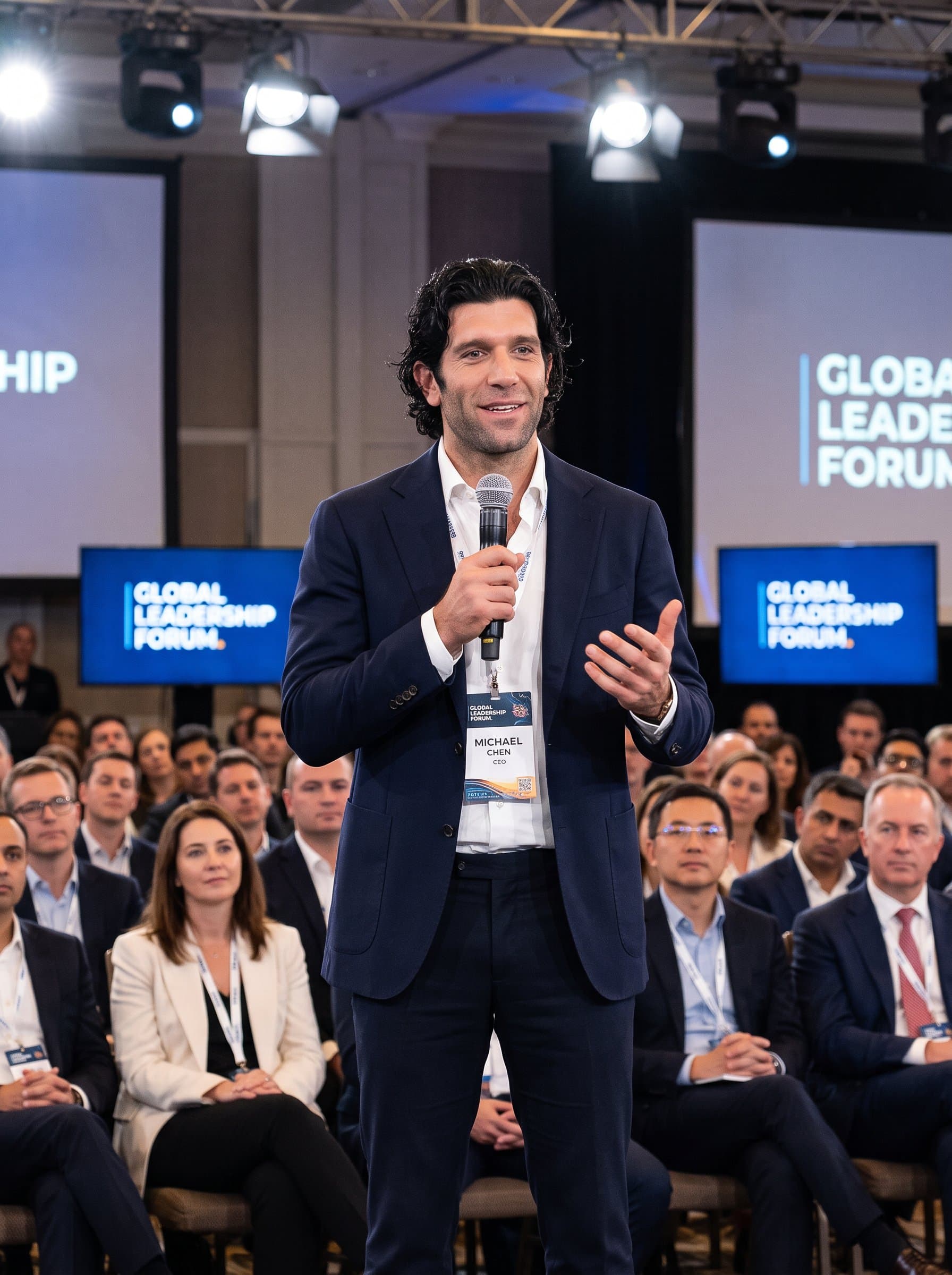 executive at a prestigious conference, wearing a formal blazer with a nametag, confidently addressing an audience from a stage, microphone in hand. Photorealistic with professional lighting.