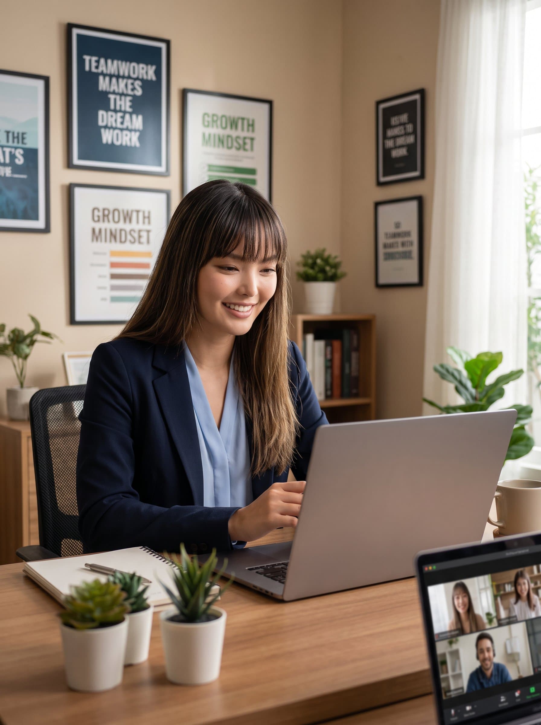 HR manager in a cozy office setting, warmly engaging in a video call on a sleek computer, with plants and motivational posters in the background. Photorealistic with soft, natural lighting.