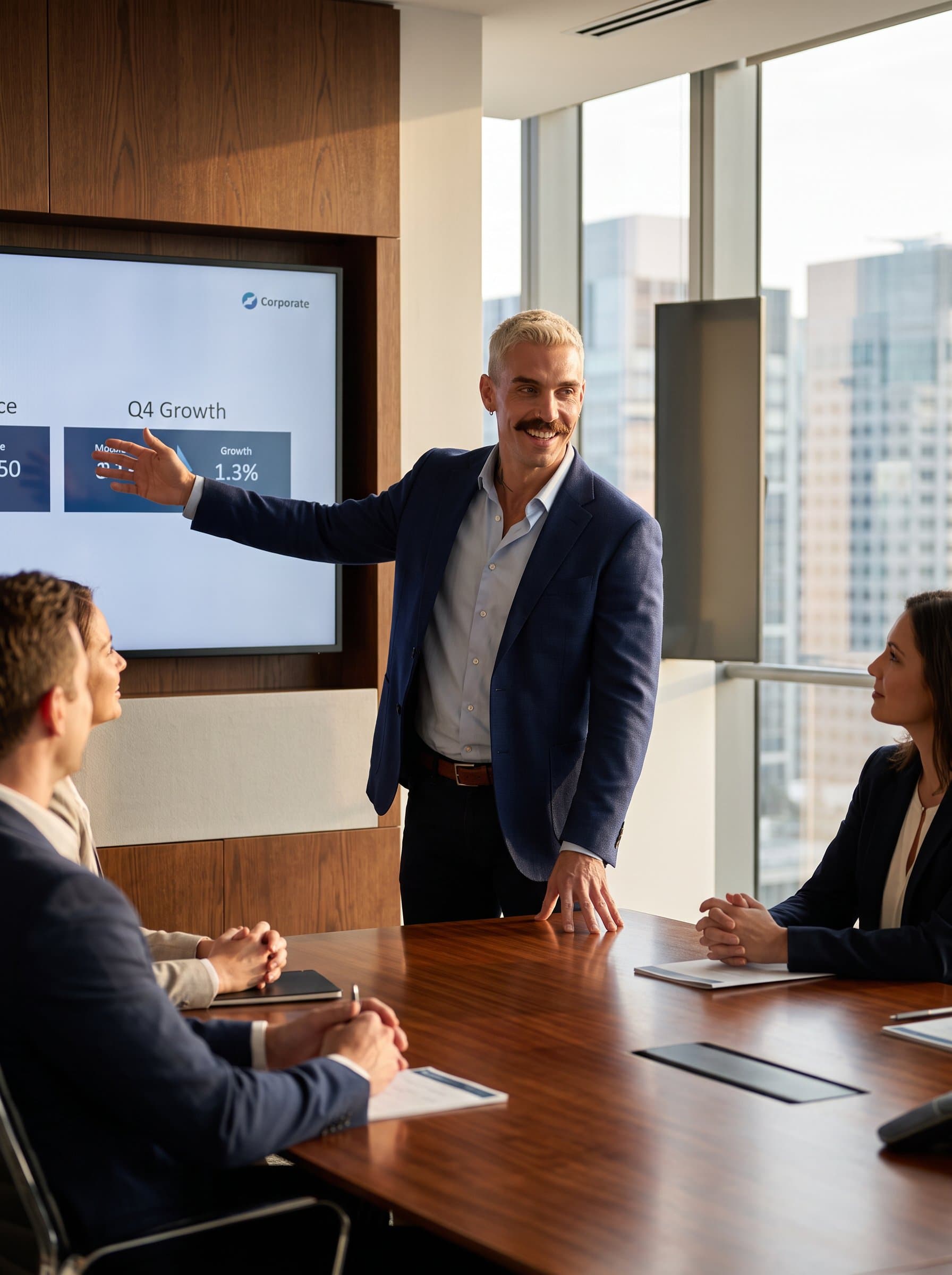 in a corporate boardroom setting, wearing a smart blazer with a light smile, showcasing leadership qualities. High-end conference table and digital screens in the background. Photorealistic with warm lighting.