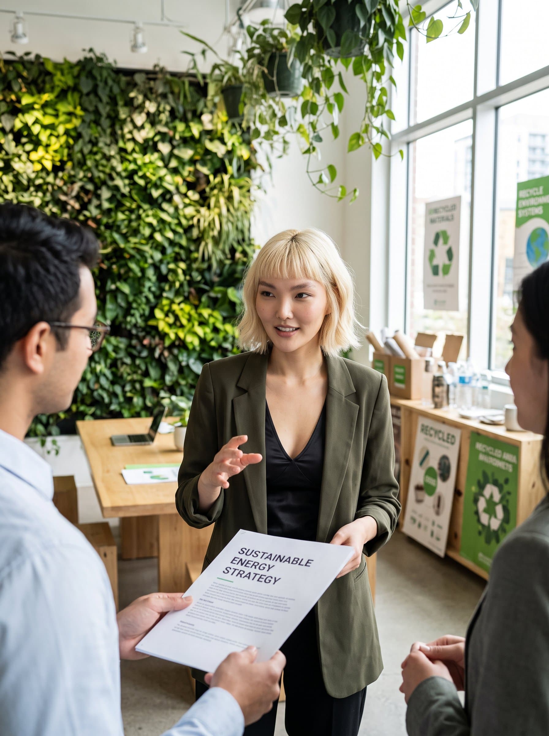 environmental consultant in an eco-friendly office with green décor, discussing sustainable strategies, wearing smart-casual clothing. Photorealistic with vibrant greenery and natural lighting.
